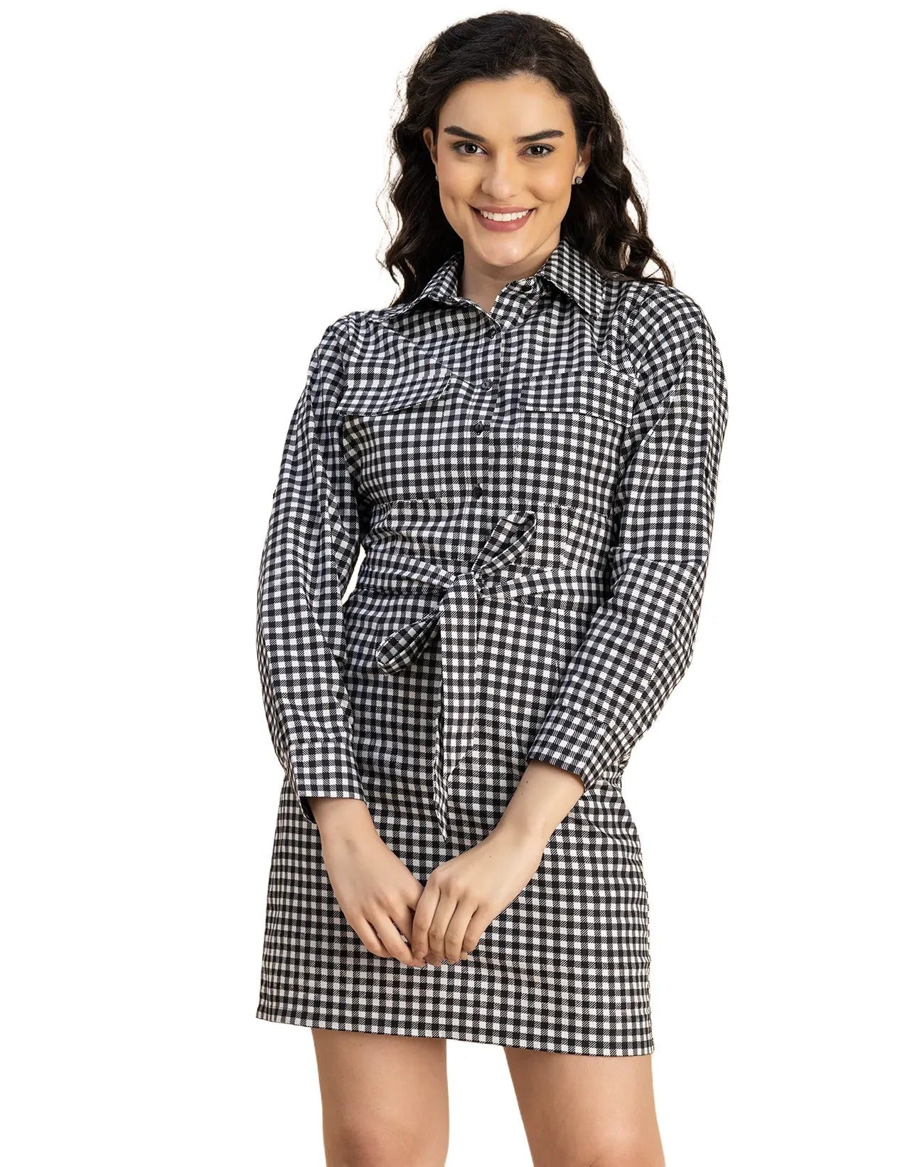 Long Sleeve Spread Collar Shirt Cotton Dress
