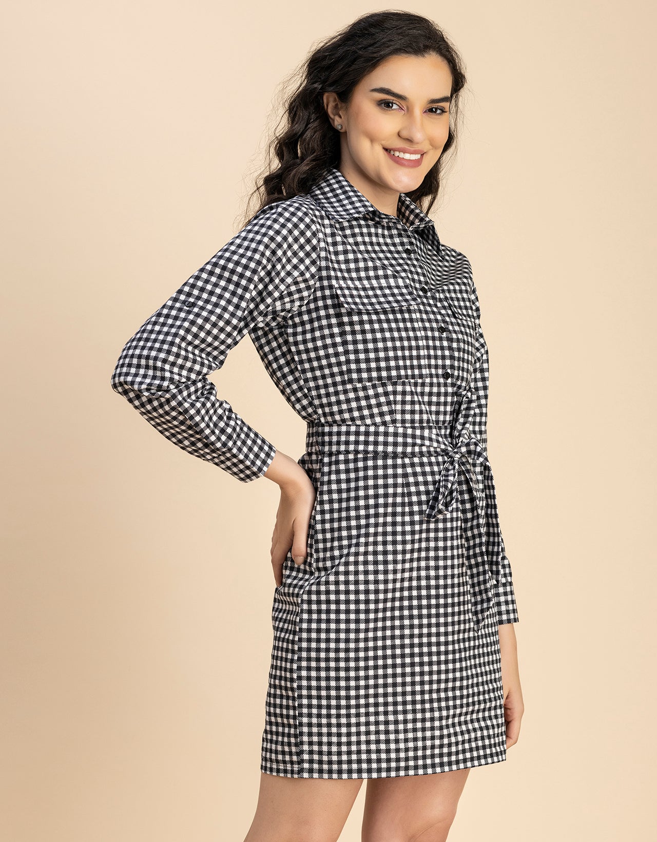 Long Sleeve Spread Collar Shirt Cotton Dress