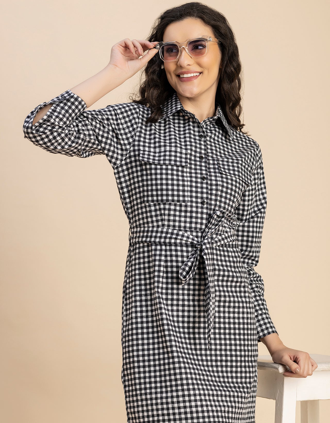 Long Sleeve Spread Collar Shirt Cotton Dress