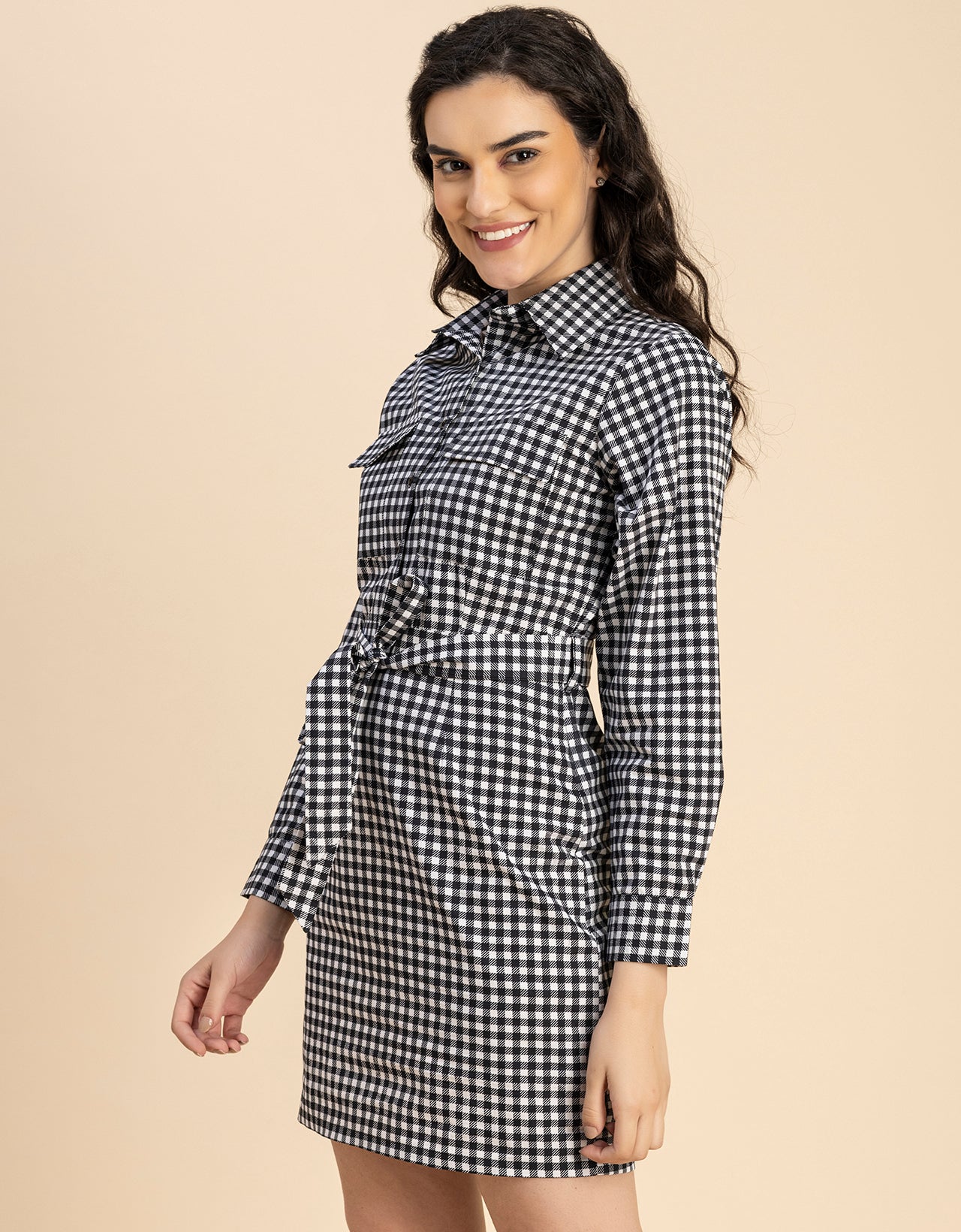 Long Sleeve Spread Collar Shirt Cotton Dress