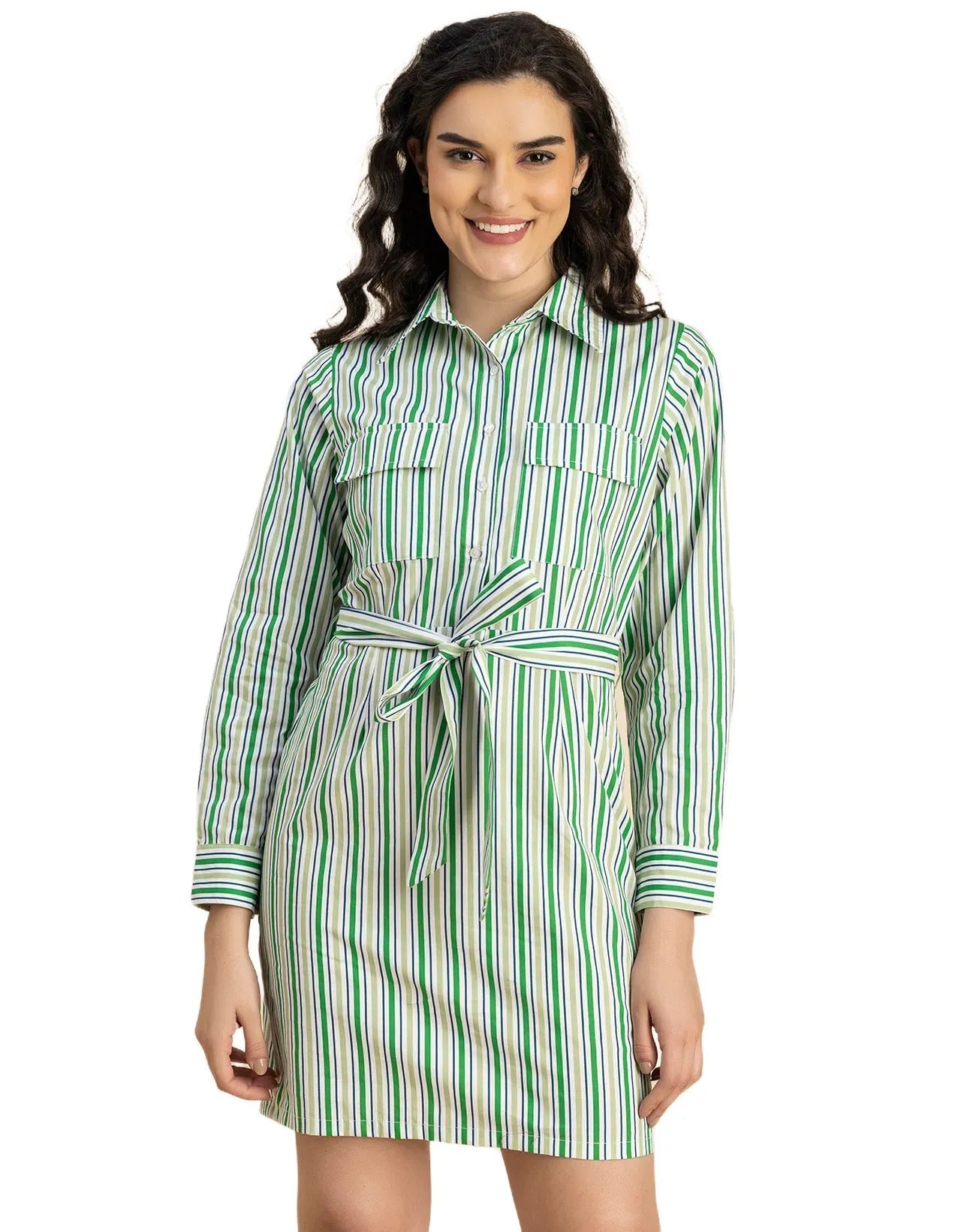 Long Sleeve Spread Collar Shirt Cotton Dress