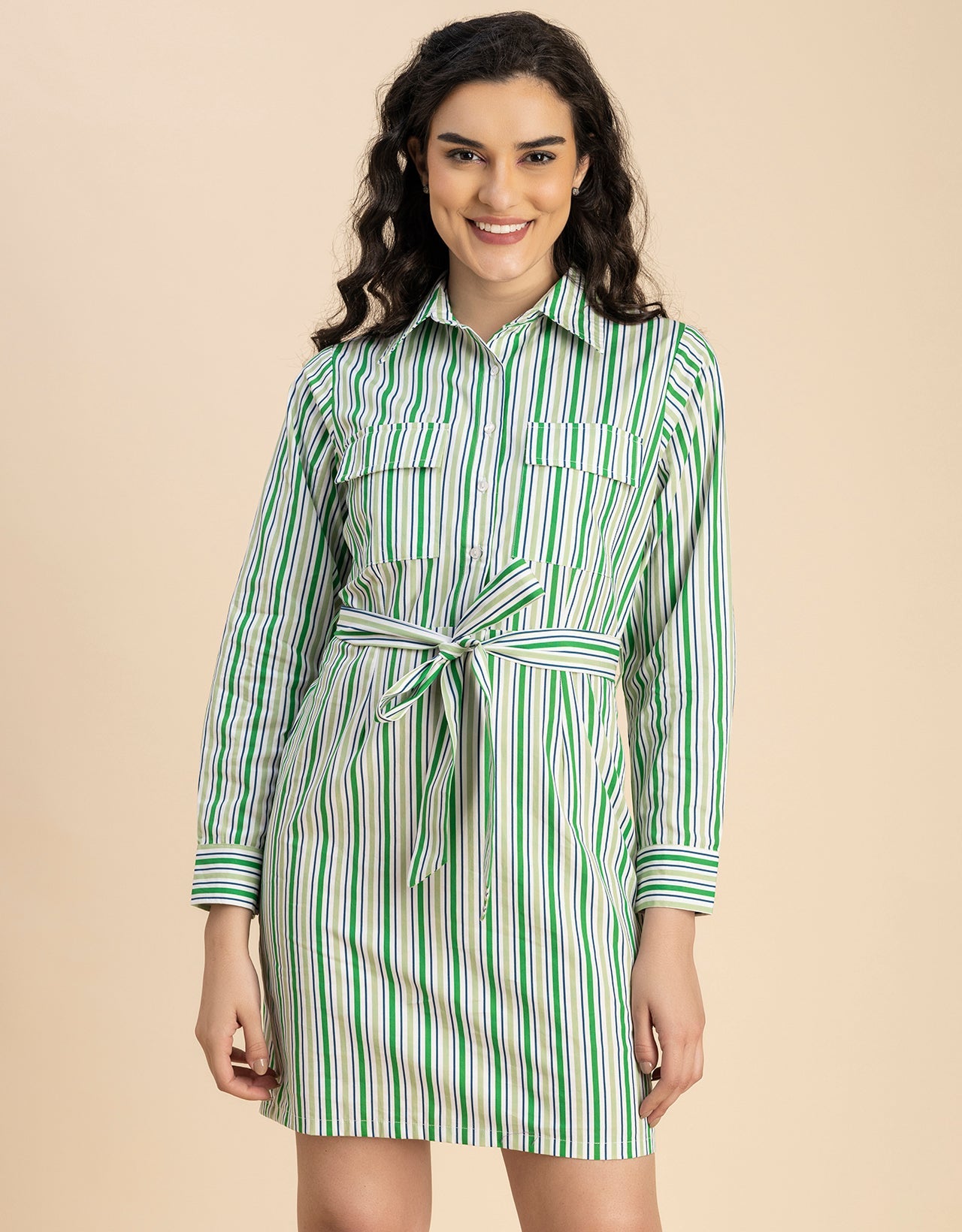 Long Sleeve Spread Collar Shirt Cotton Dress