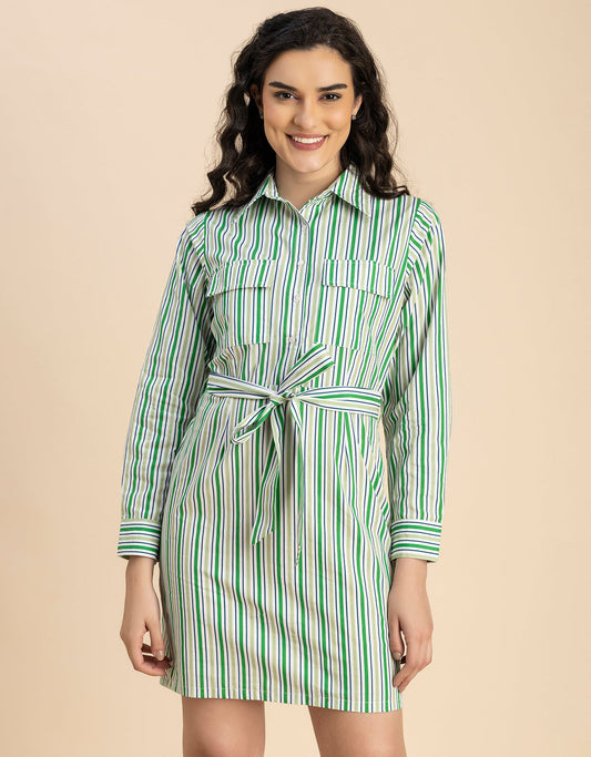 Long Sleeve Spread Collar Shirt Cotton Dress