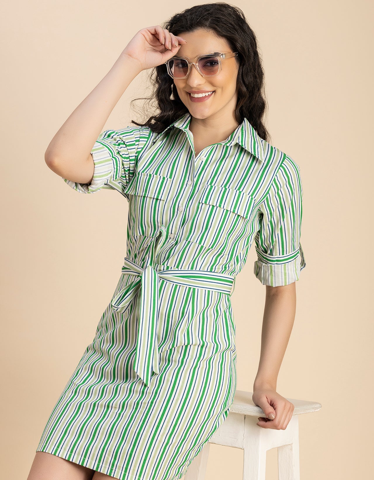 Long Sleeve Spread Collar Shirt Cotton Dress