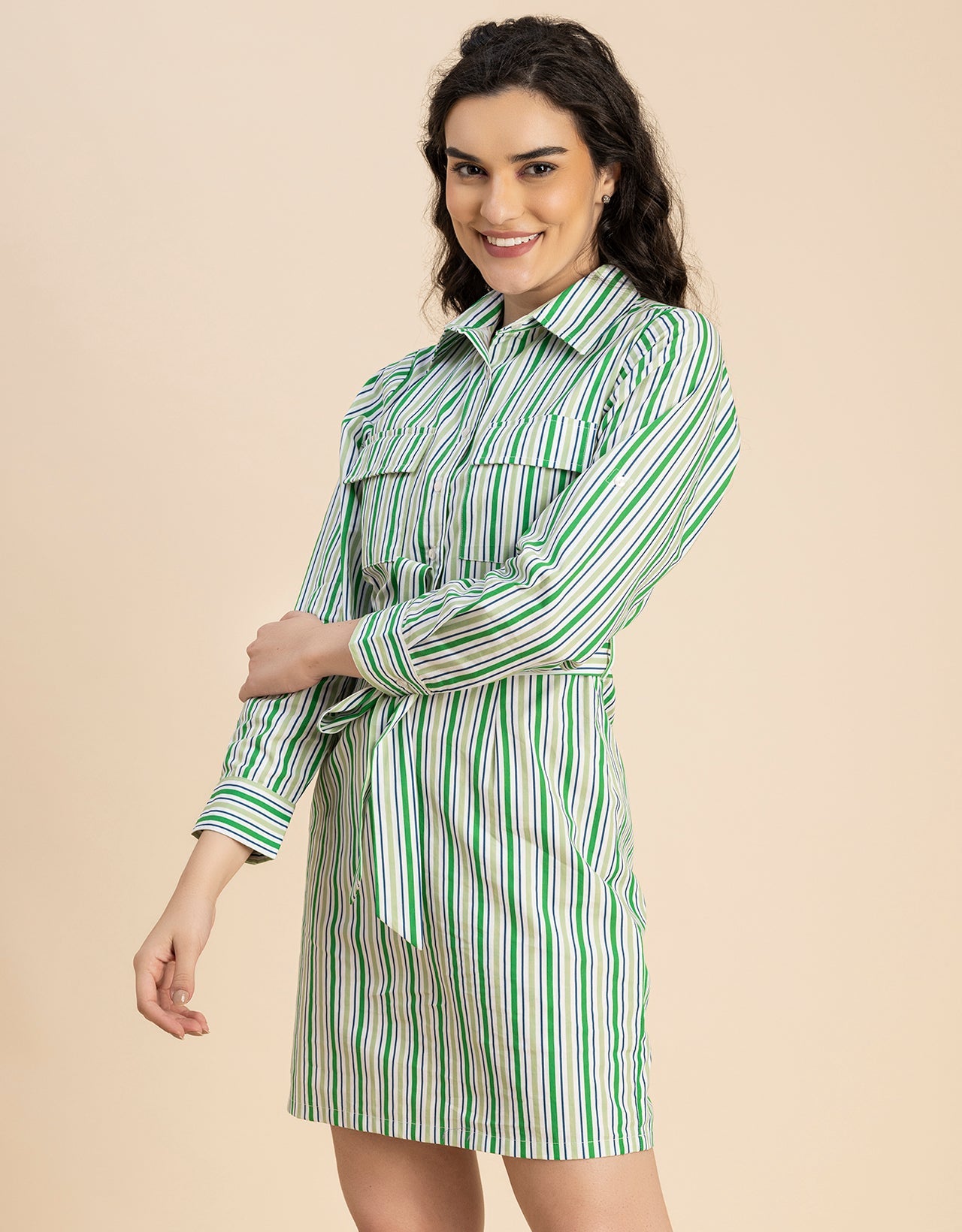 Long Sleeve Spread Collar Shirt Cotton Dress