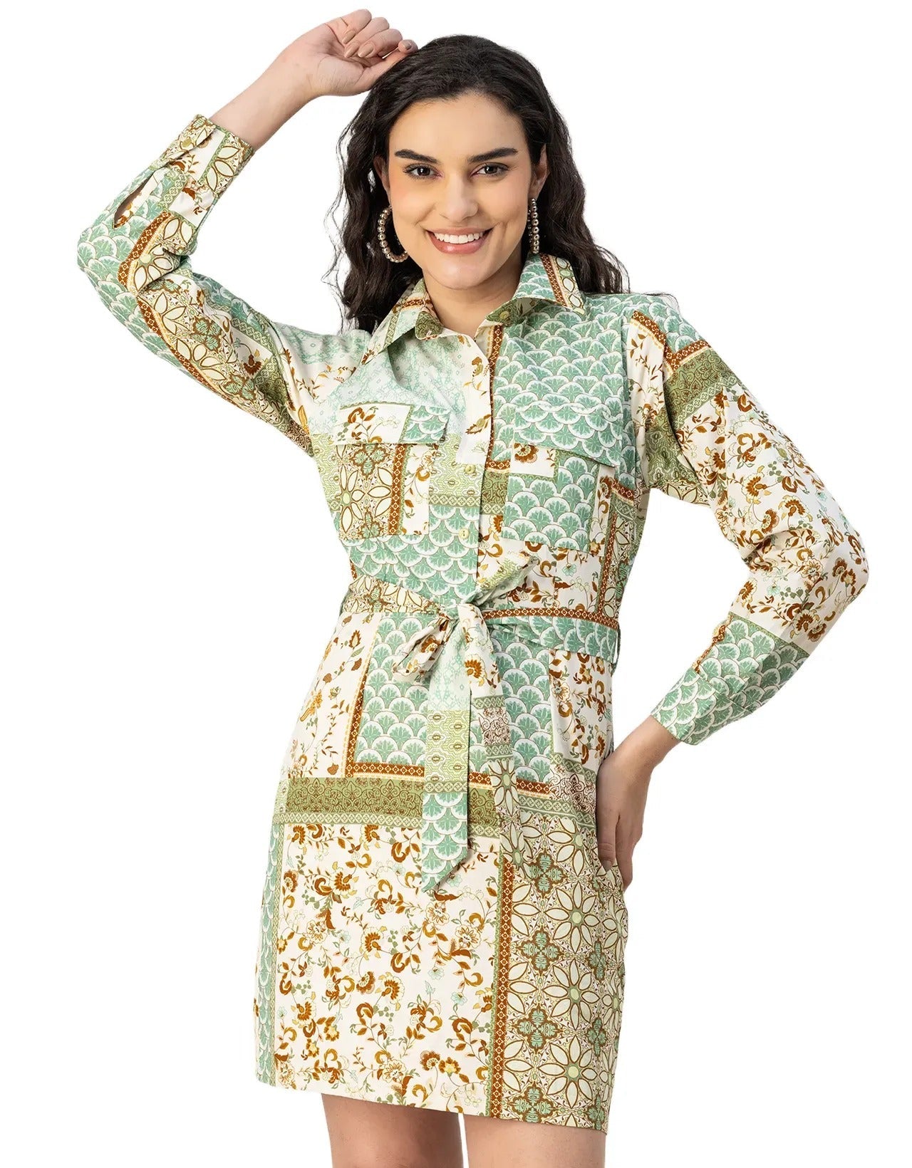 Long Sleeve Spread Collar Shirt Cotton Dress