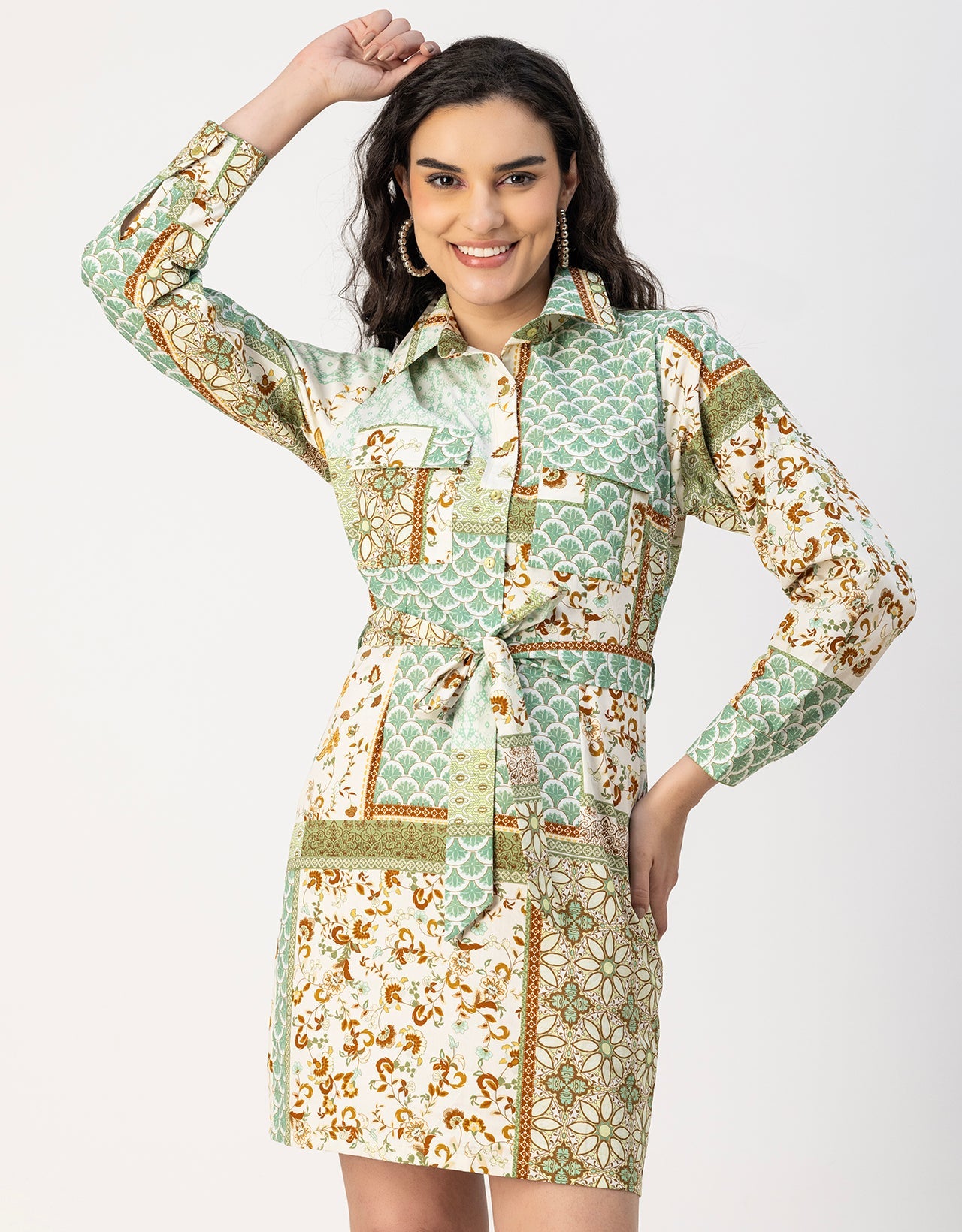 Long Sleeve Spread Collar Shirt Cotton Dress