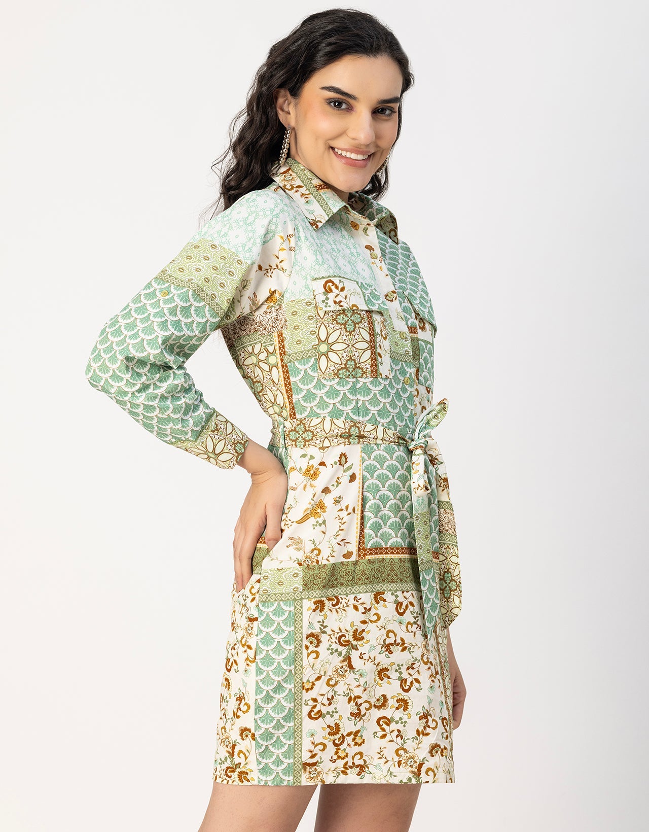 Long Sleeve Spread Collar Shirt Cotton Dress