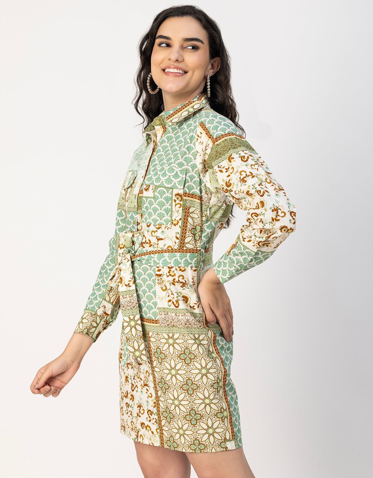 Long Sleeve Spread Collar Shirt Cotton Dress