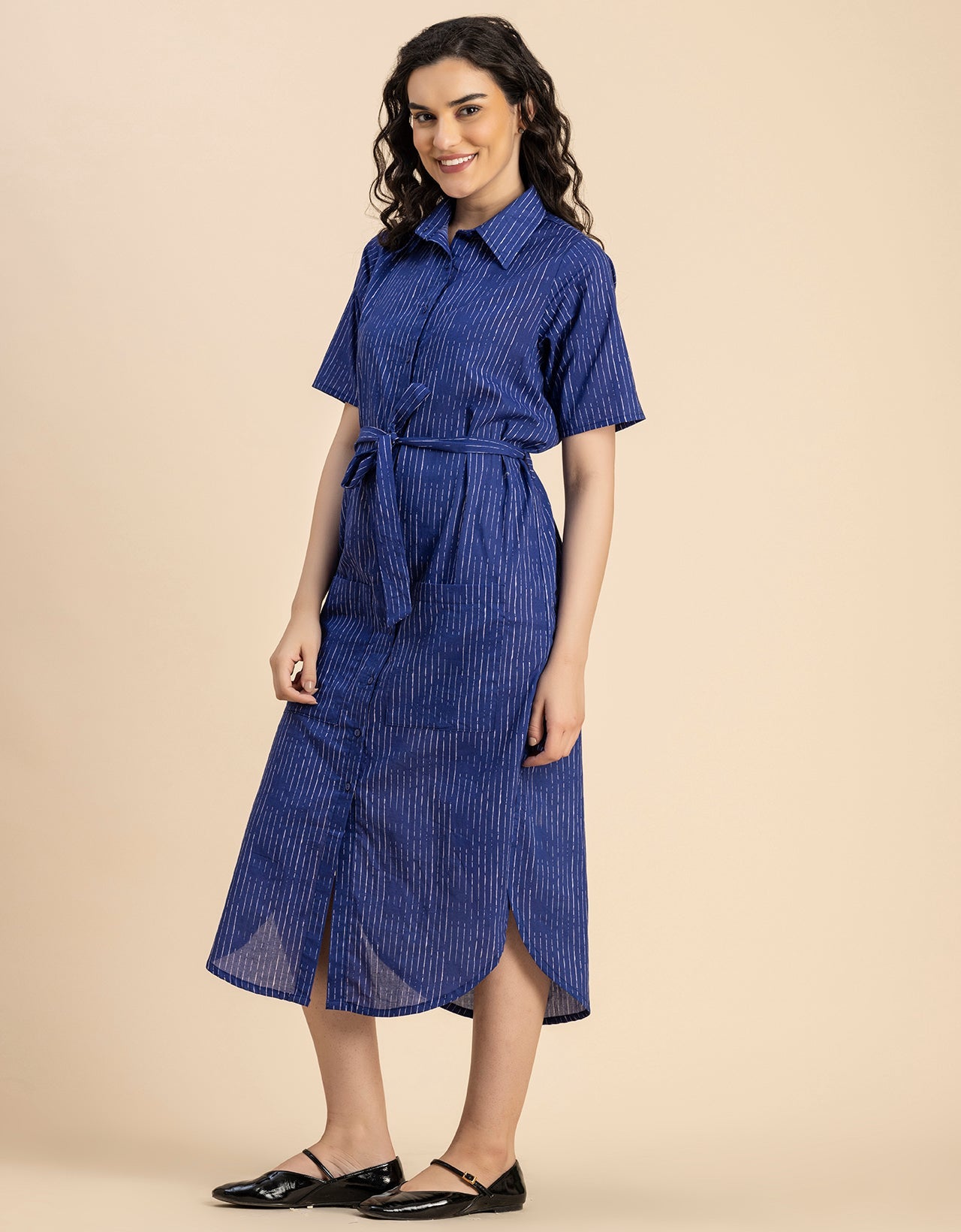 Short Sleeve Spread Collar Cotton Dress