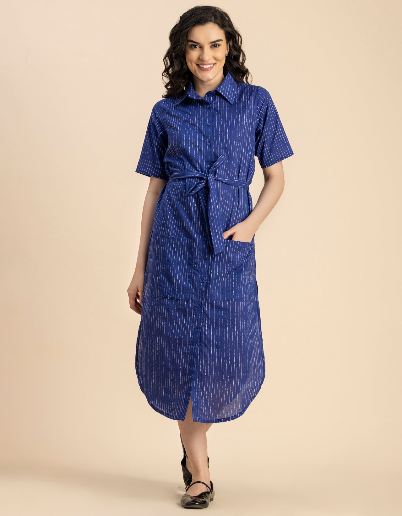 Short Sleeve Spread Collar Cotton Dress