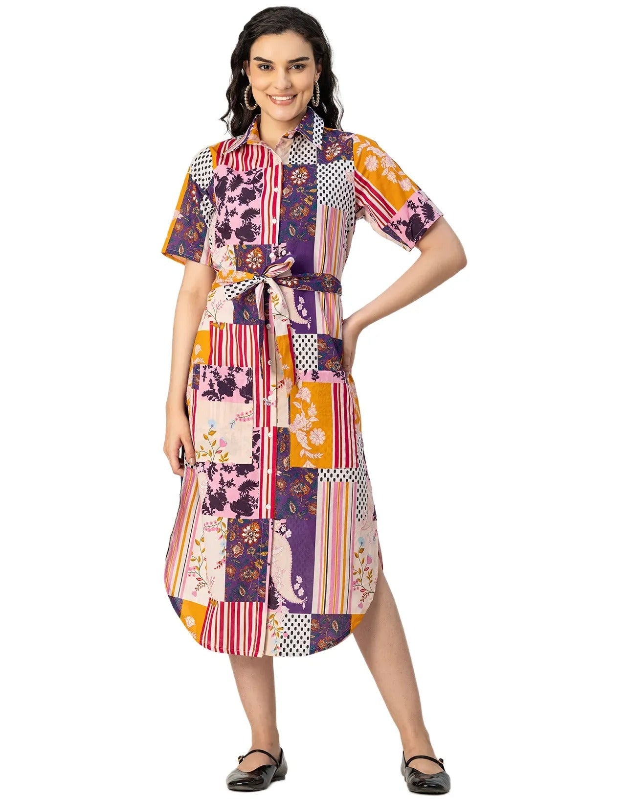 Short Sleeve Spread Collar Cotton Dress