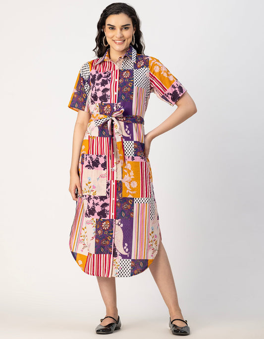 Short Sleeve Spread Collar Cotton Dress