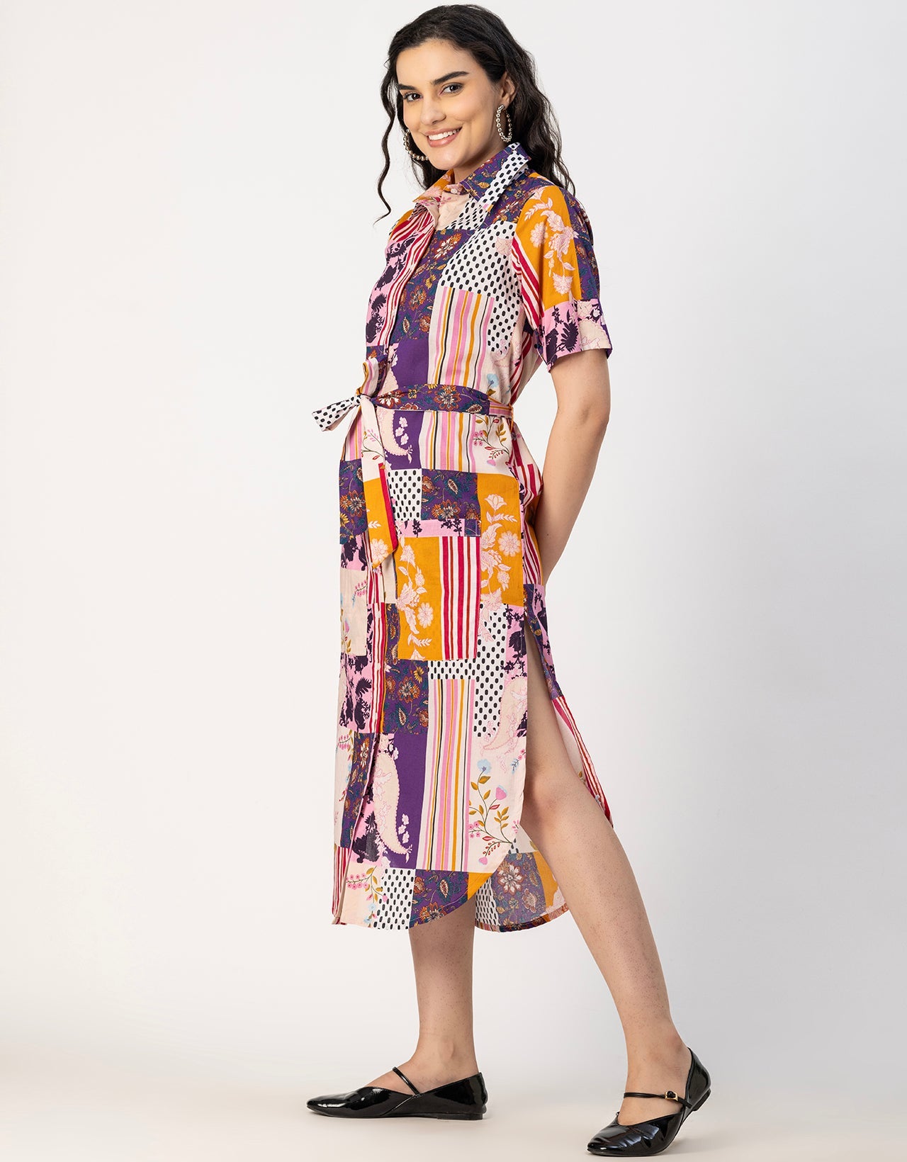 Short Sleeve Spread Collar Cotton Dress