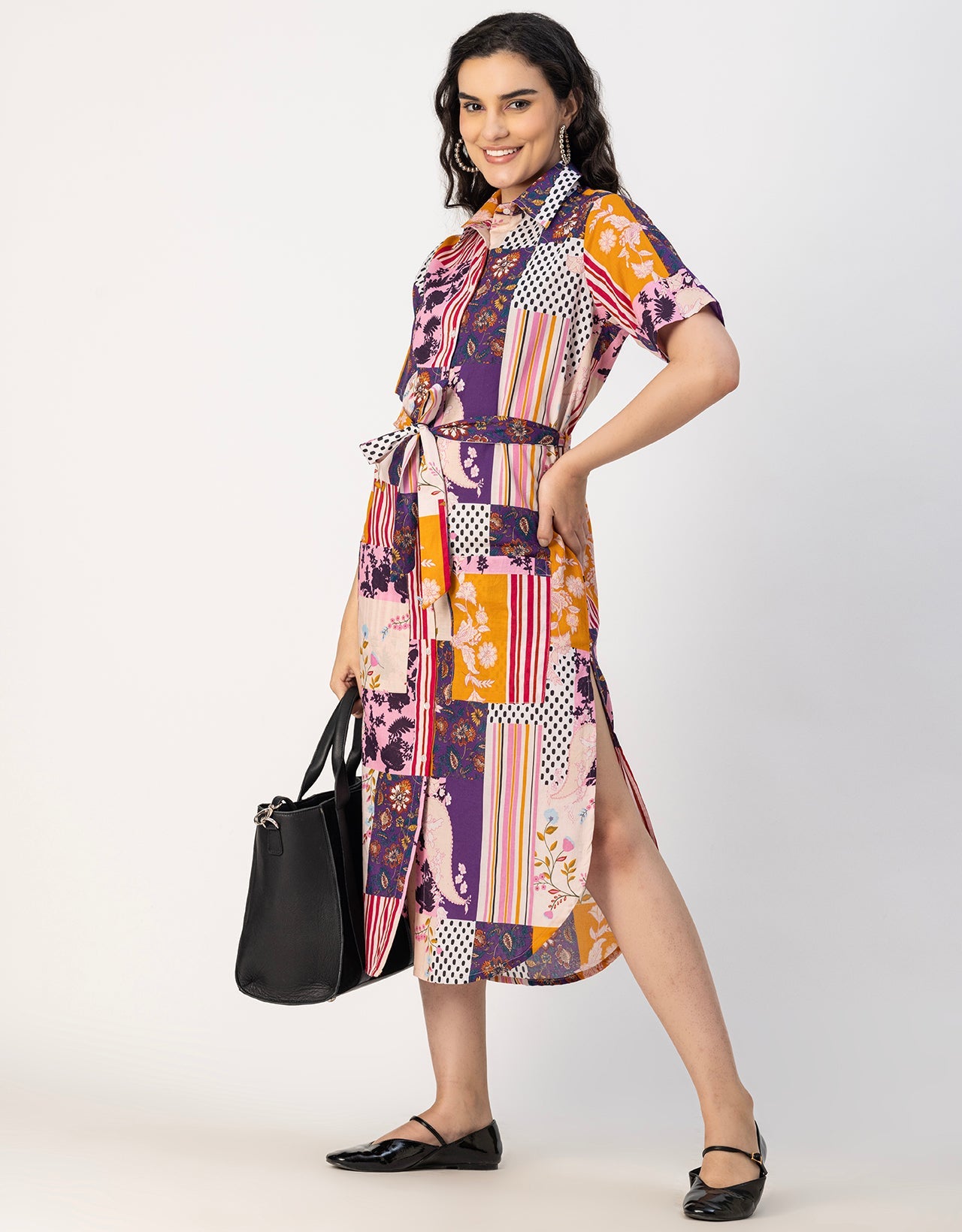 Short Sleeve Spread Collar Cotton Dress