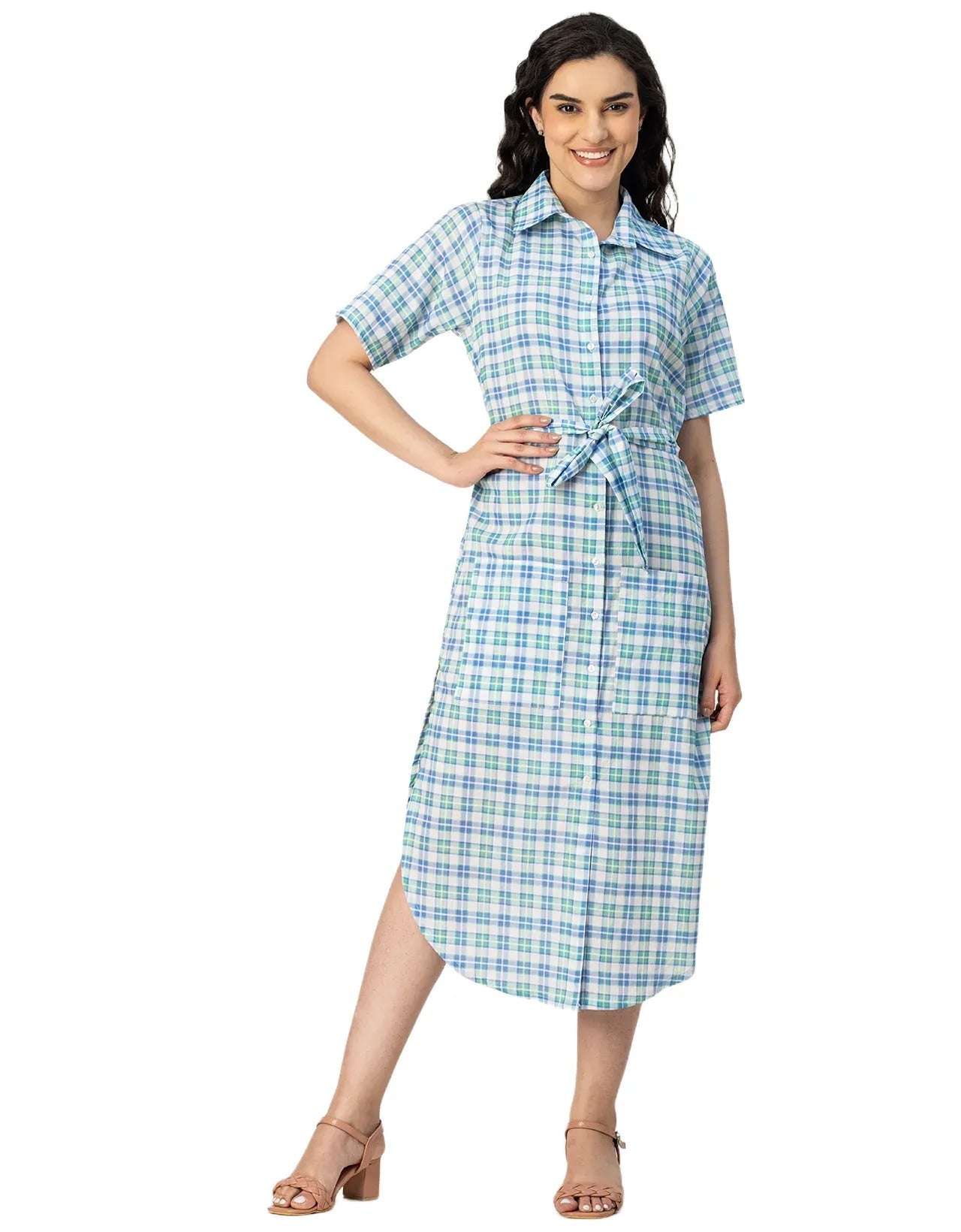 Short Sleeve Spread Collar Cotton Dress