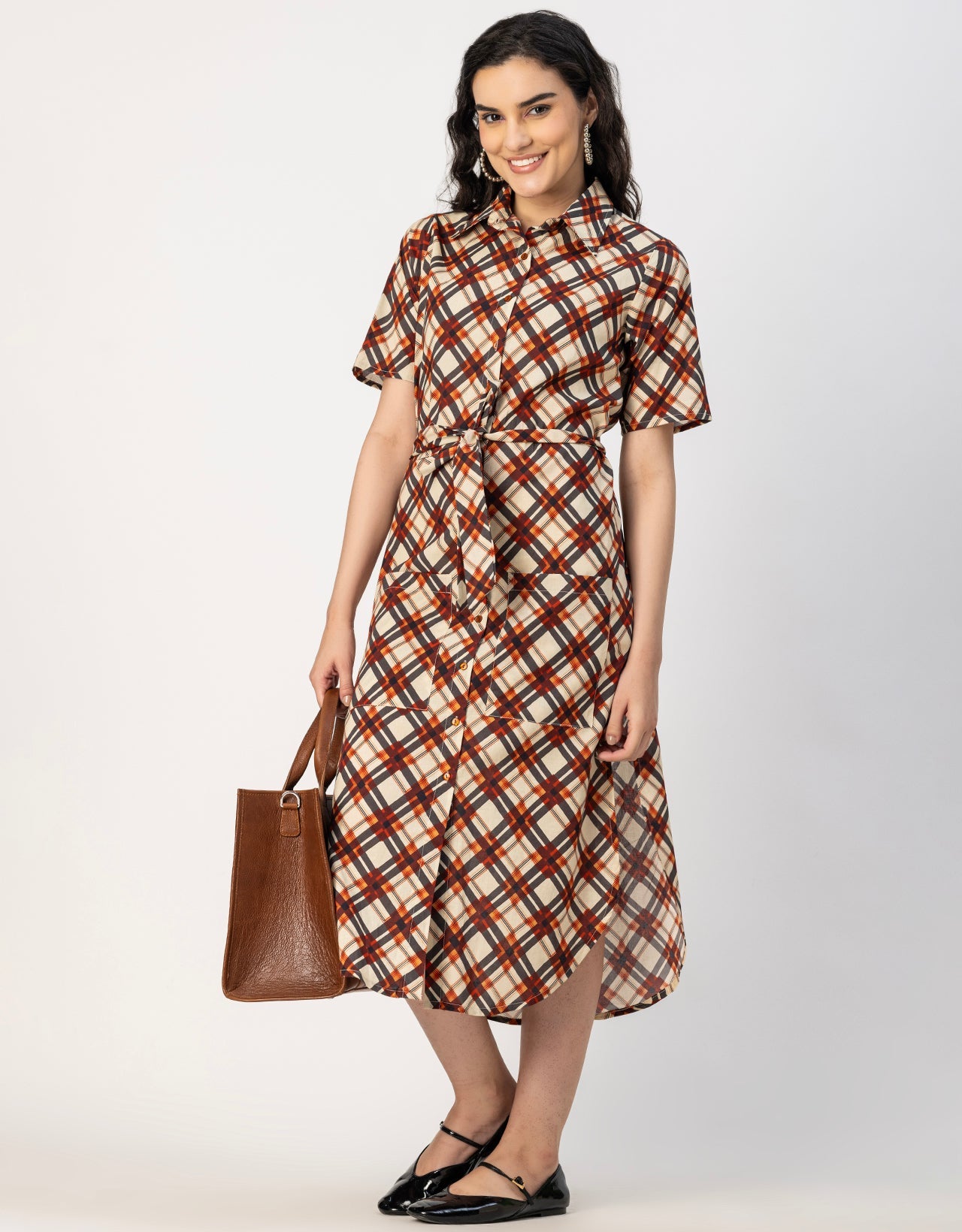 Short Sleeve Spread Collar Cotton Dress