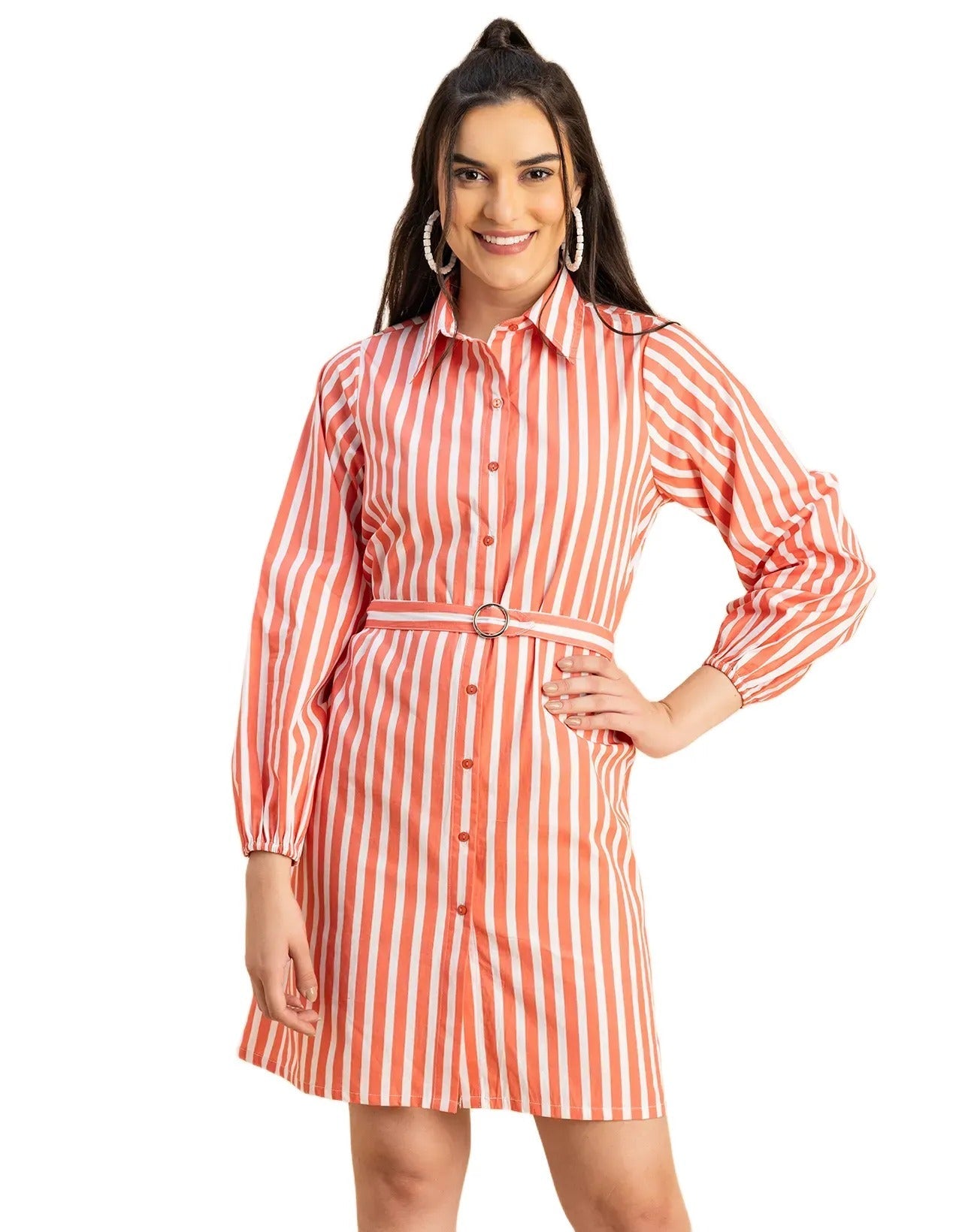Bishop Sleeves Spread Collar Cotton Dress