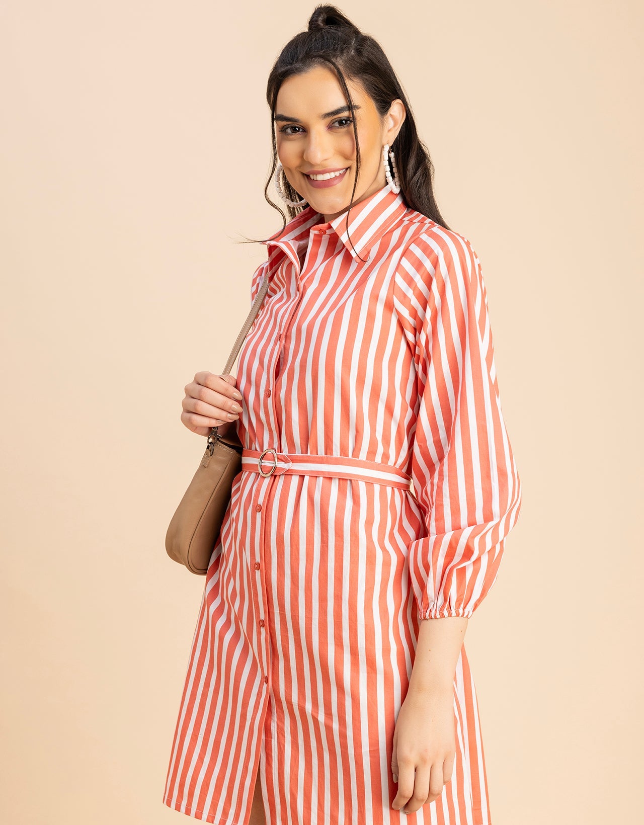 Bishop Sleeves Spread Collar Cotton Dress