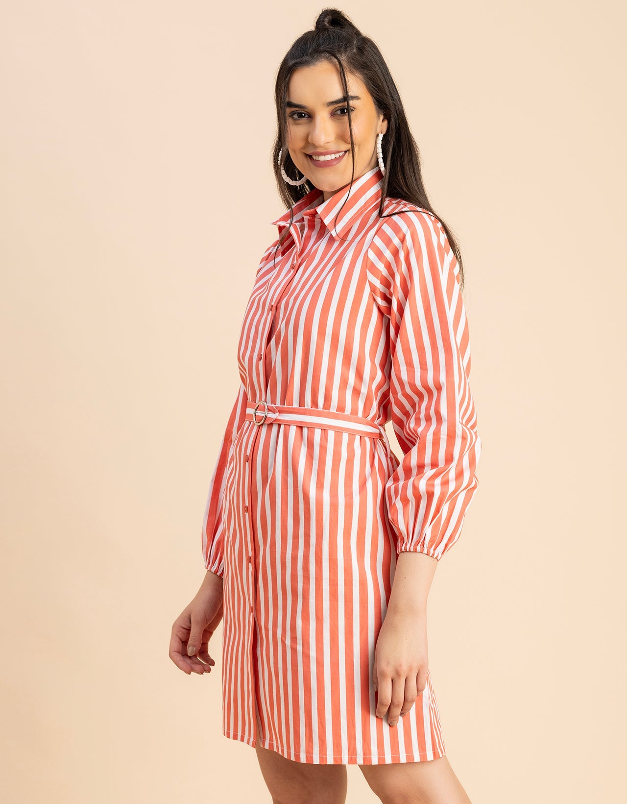 Bishop Sleeves Spread Collar Cotton Dress