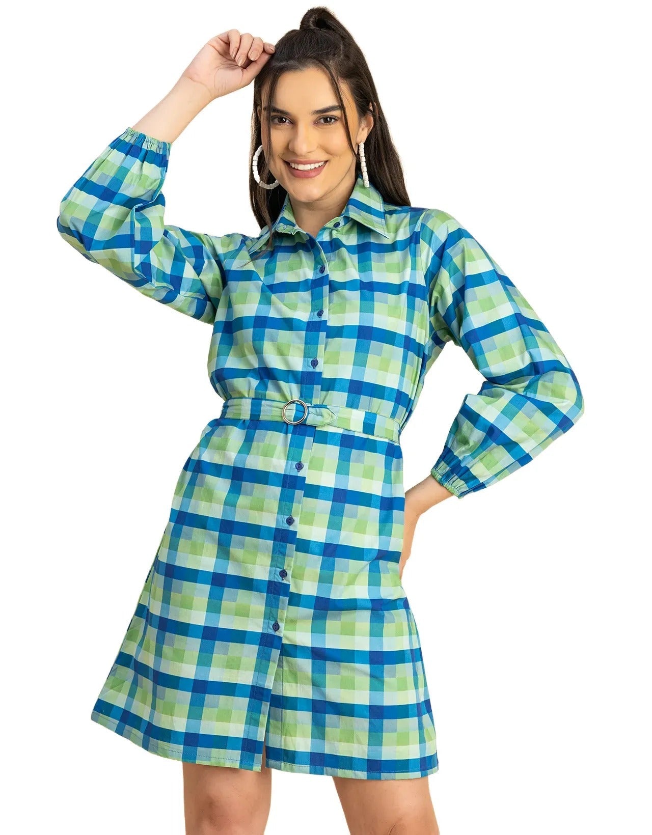 Bishop Sleeves Spread Collar Cotton Dress