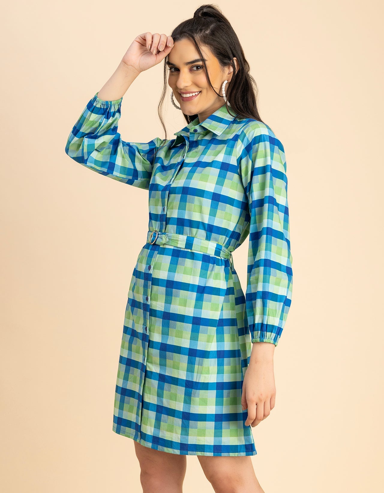 Bishop Sleeves Spread Collar Cotton Dress