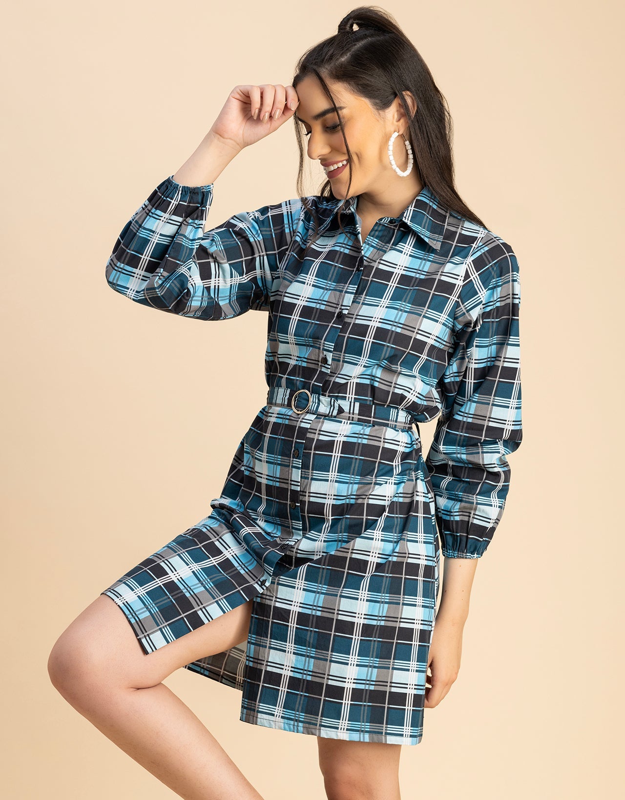 Bishop Sleeves Spread Collar Cotton Dress