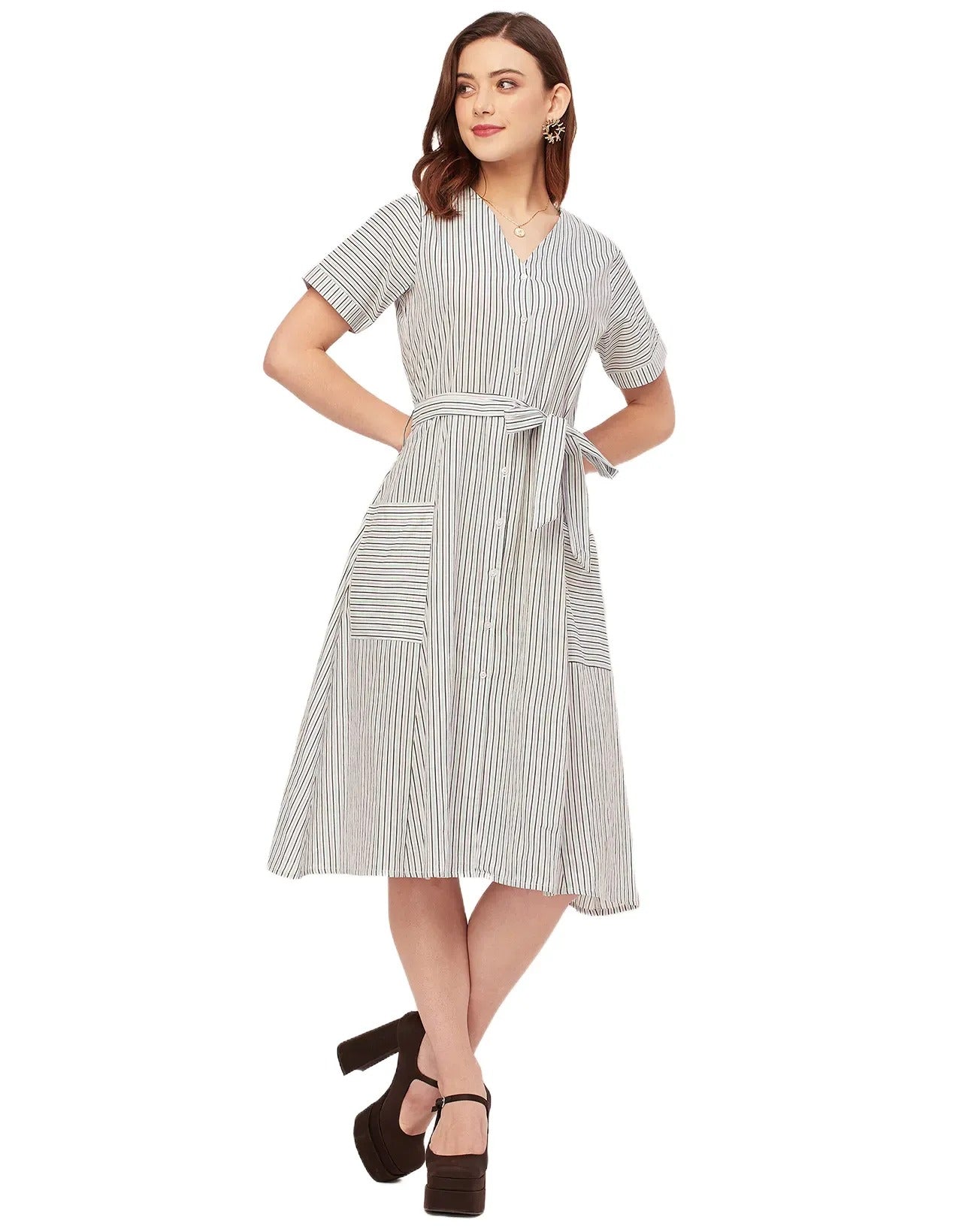 Short Sleeve V Neck A-Line Cotton Dress