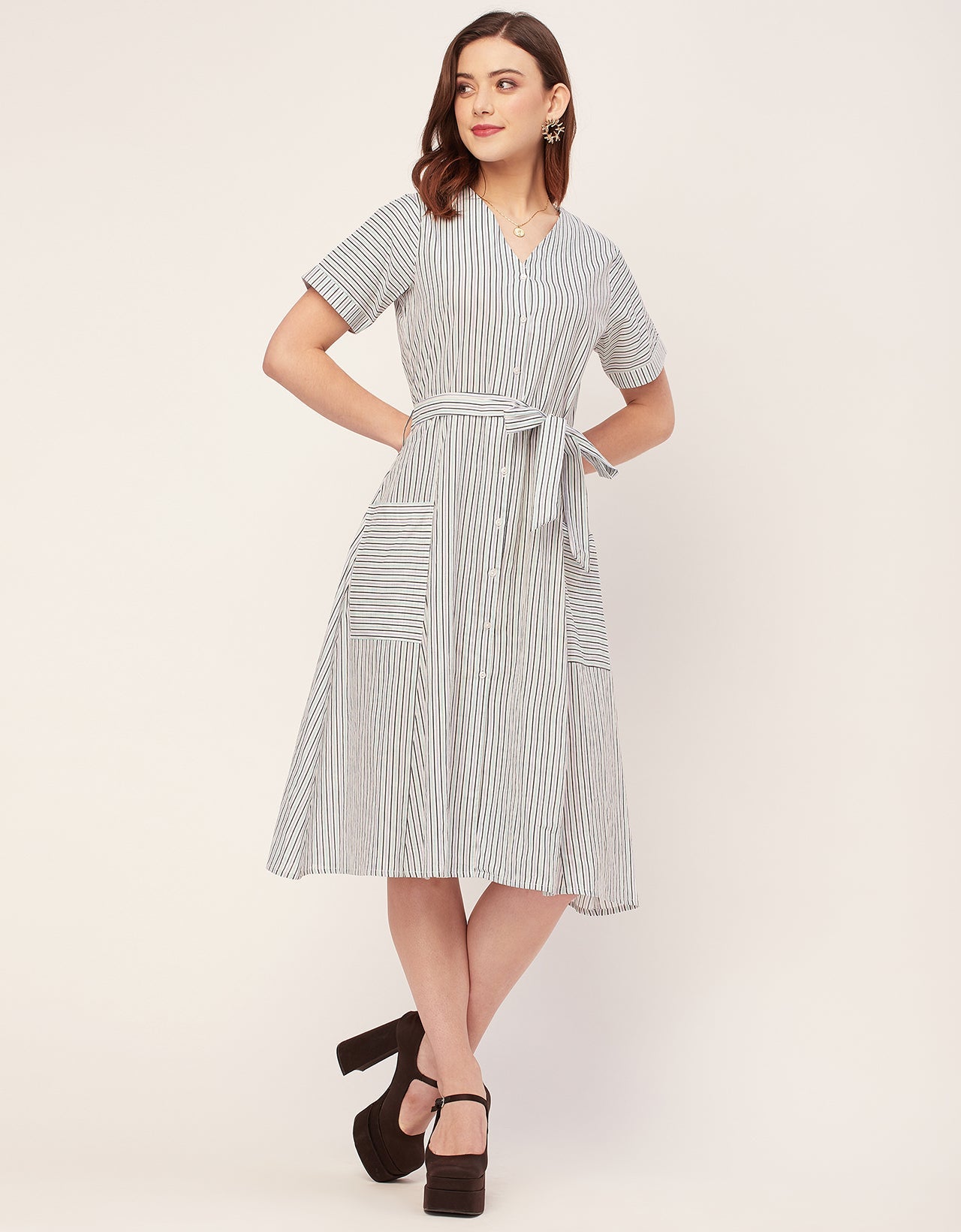 Short Sleeve V Neck A-Line Cotton Dress