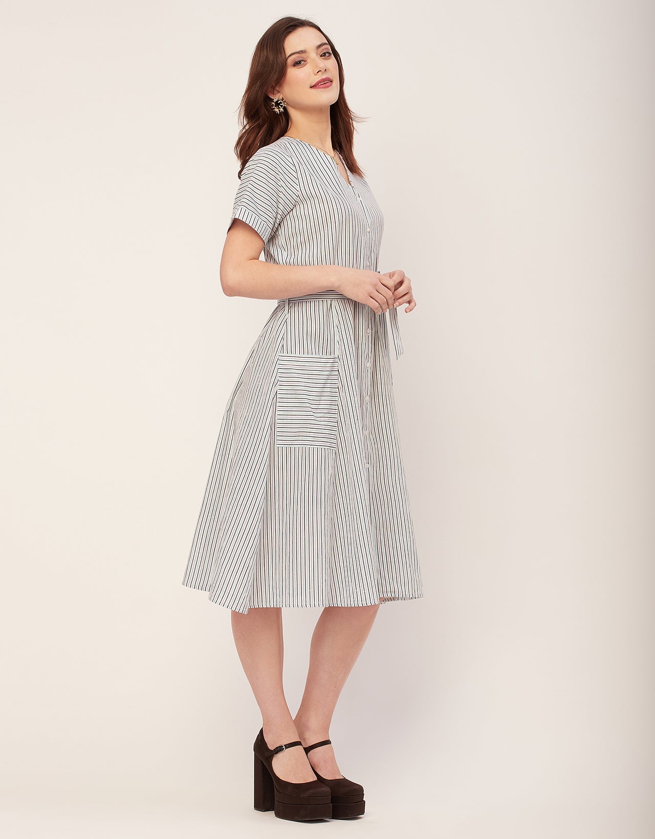Short Sleeve V Neck A-Line Cotton Dress