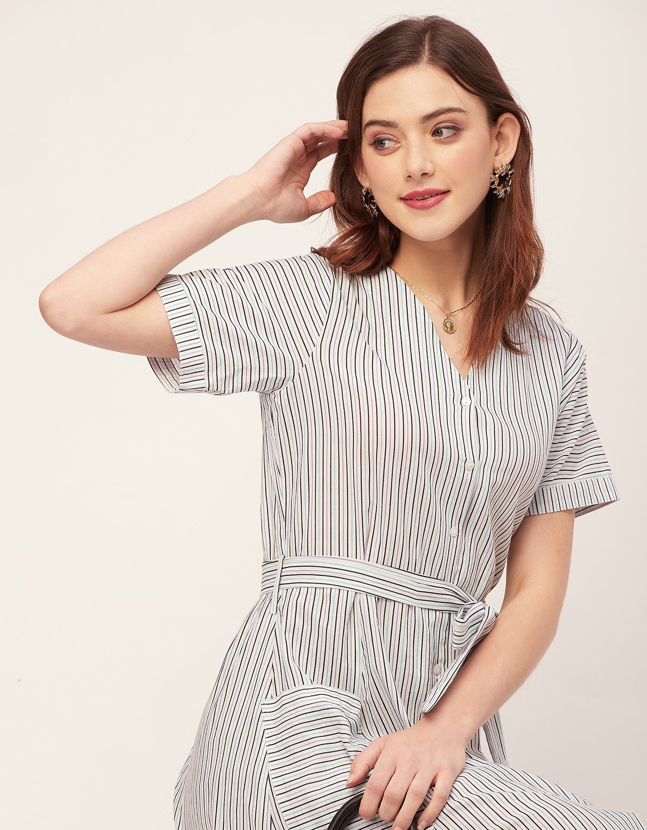 Short Sleeve V Neck A-Line Cotton Dress