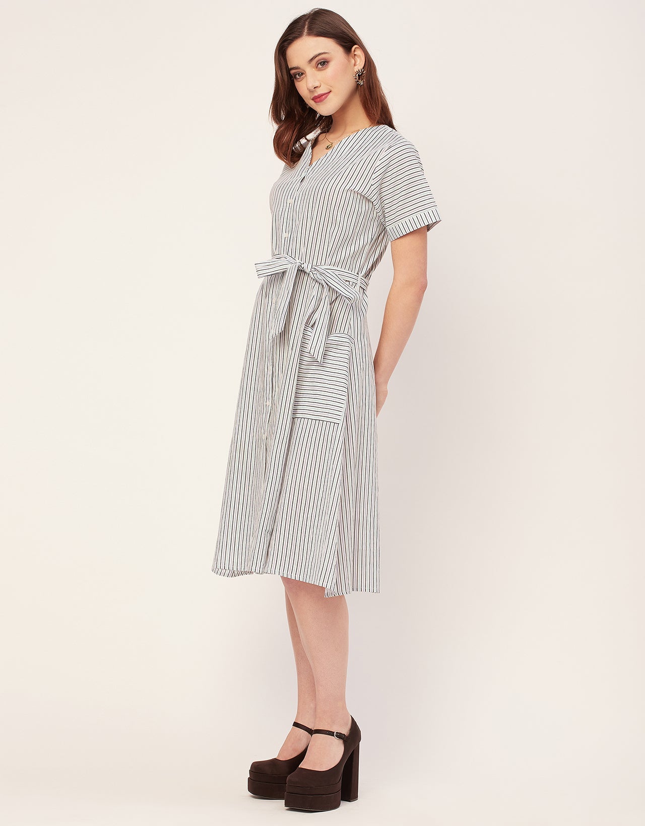 Short Sleeve V Neck A-Line Cotton Dress