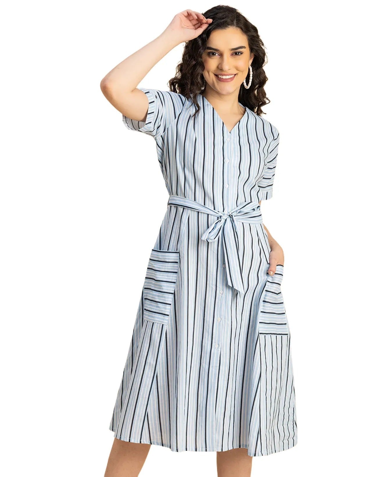 Short Sleeve V Neck A-Line Cotton Dress
