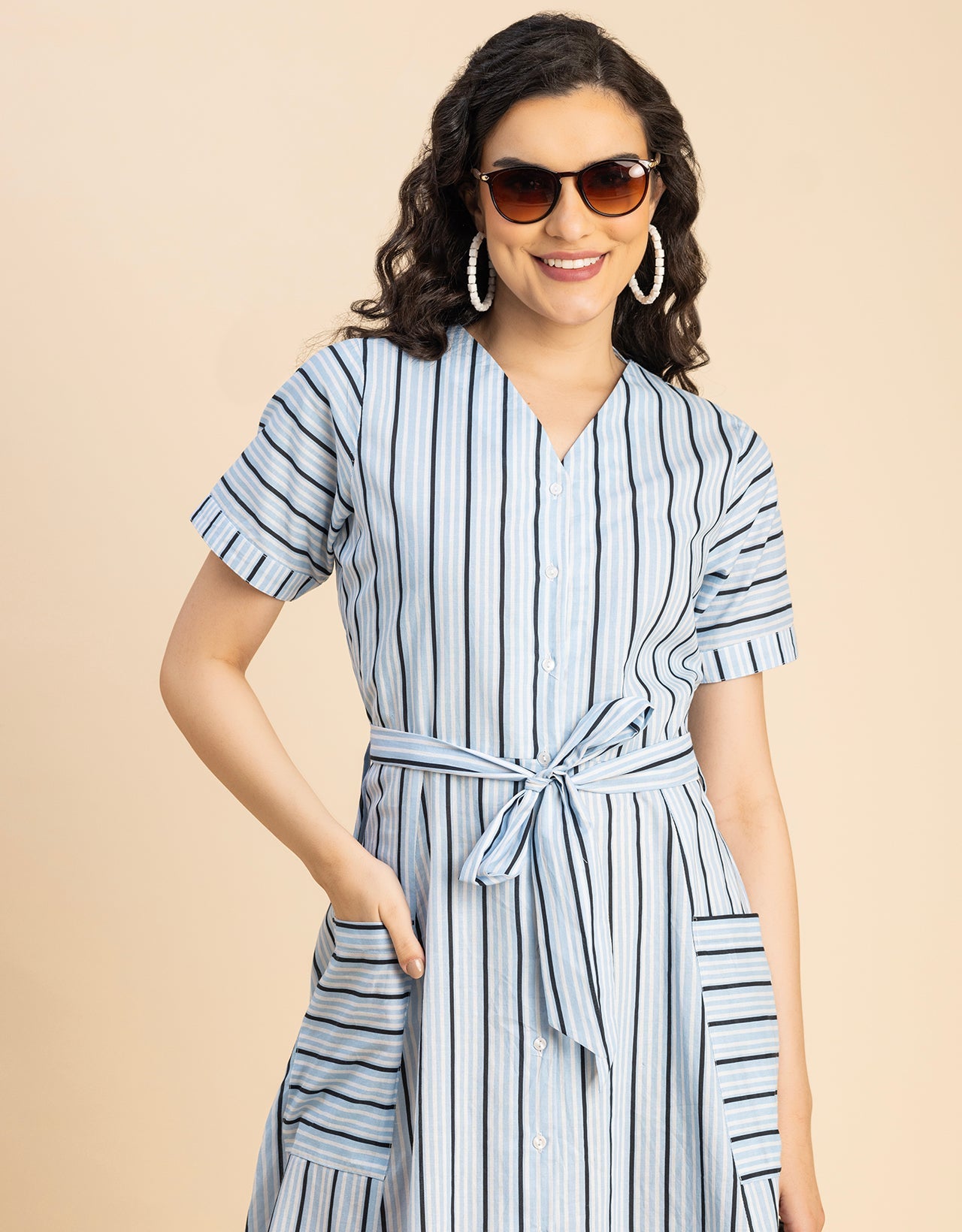 Short Sleeve V Neck A-Line Cotton Dress