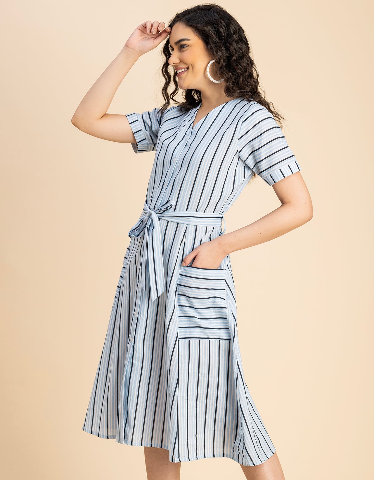 Short Sleeve V Neck A-Line Cotton Dress