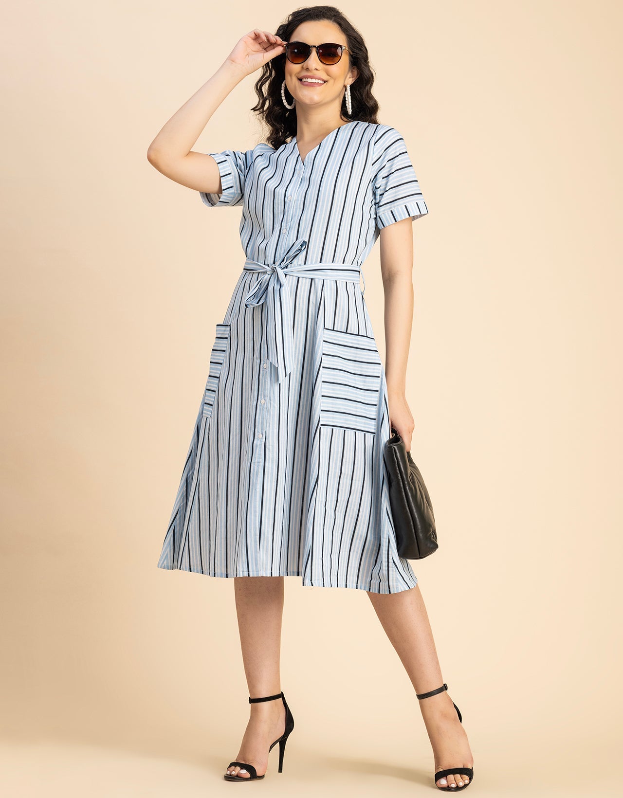 Short Sleeve V Neck A-Line Cotton Dress