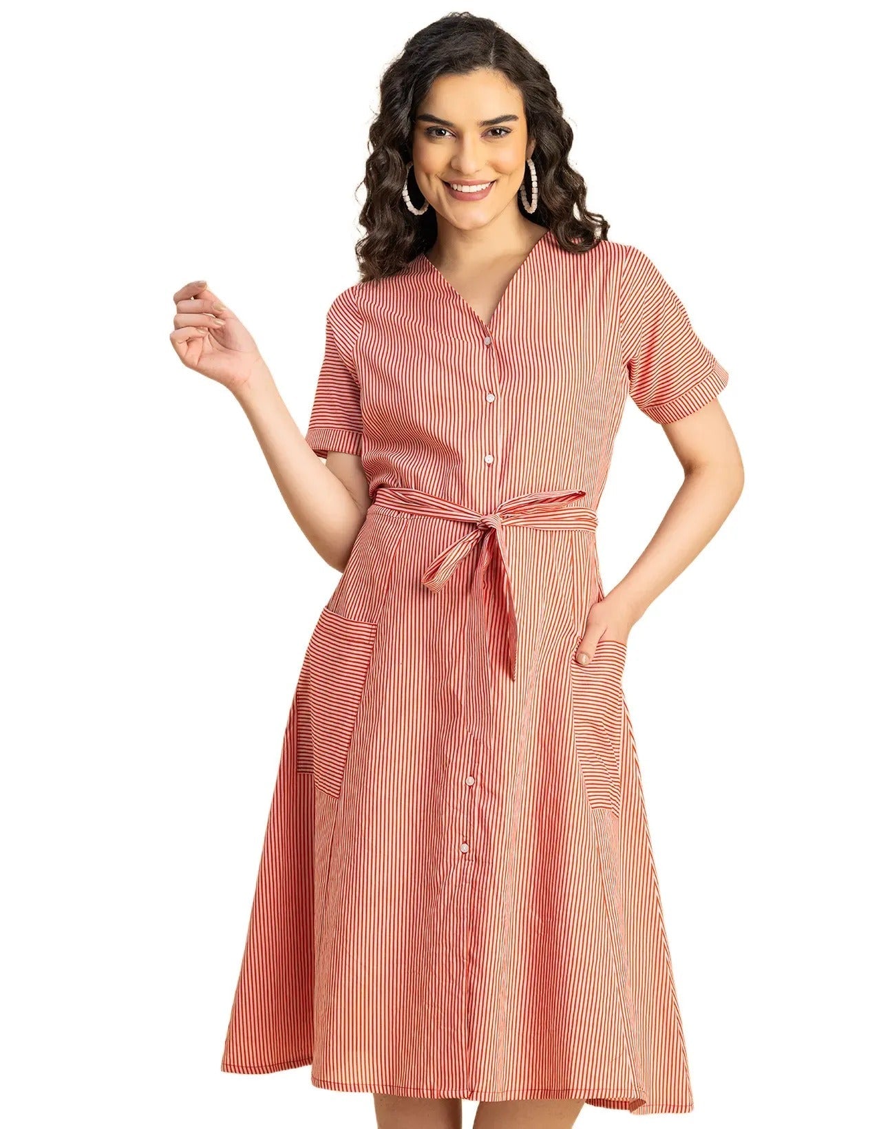 Short Sleeve V Neck A-Line Cotton Dress