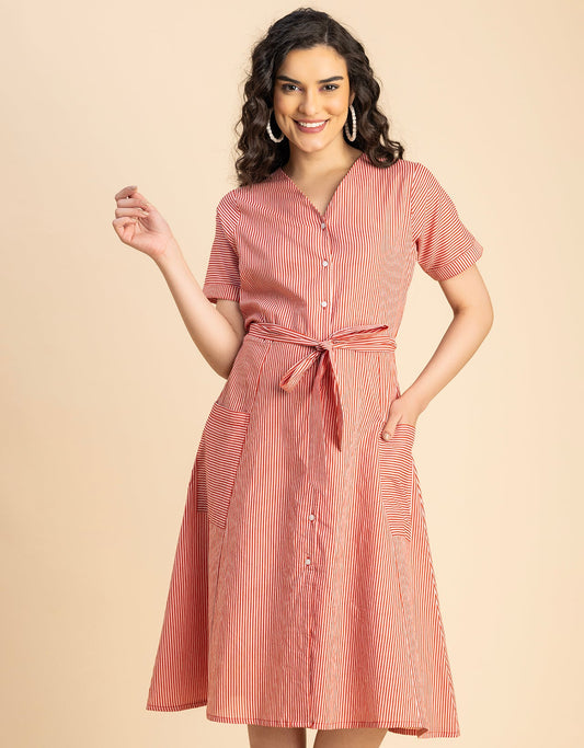 Short Sleeve V Neck A-Line Cotton Dress