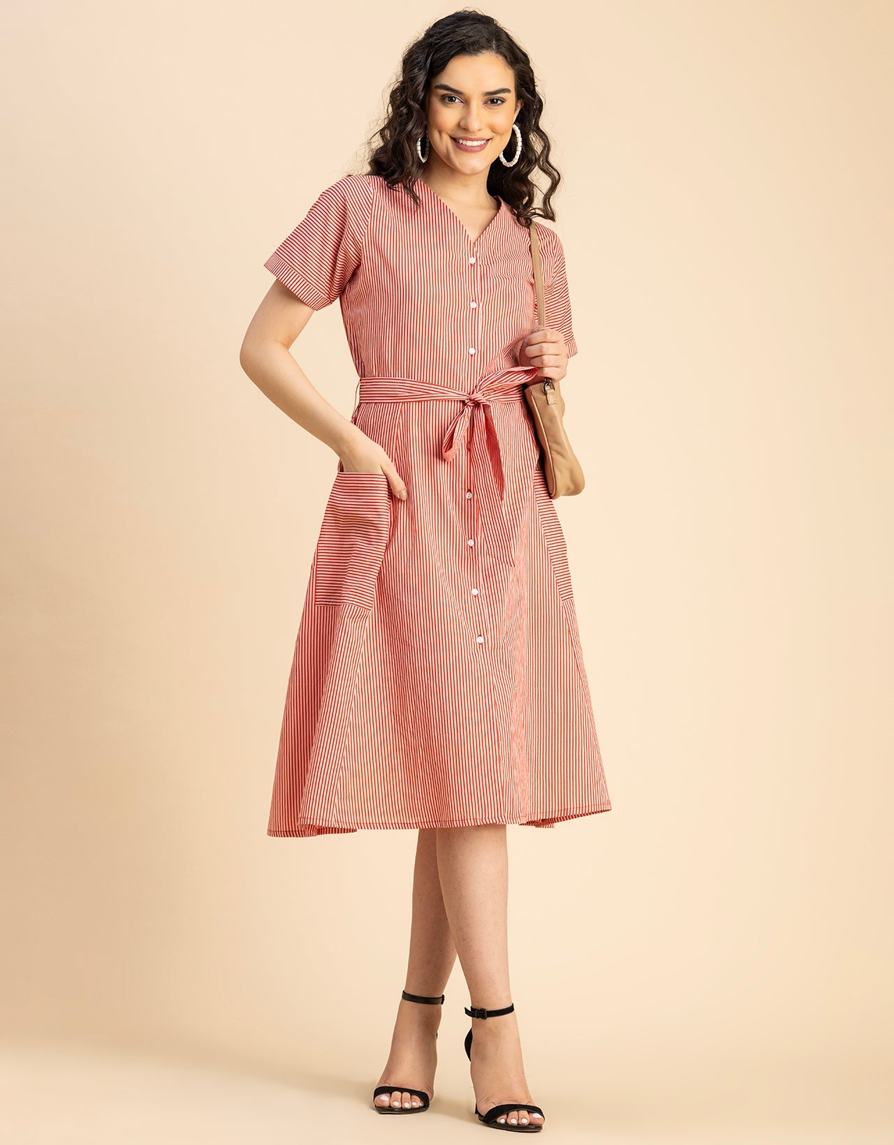 Short Sleeve V Neck A-Line Cotton Dress