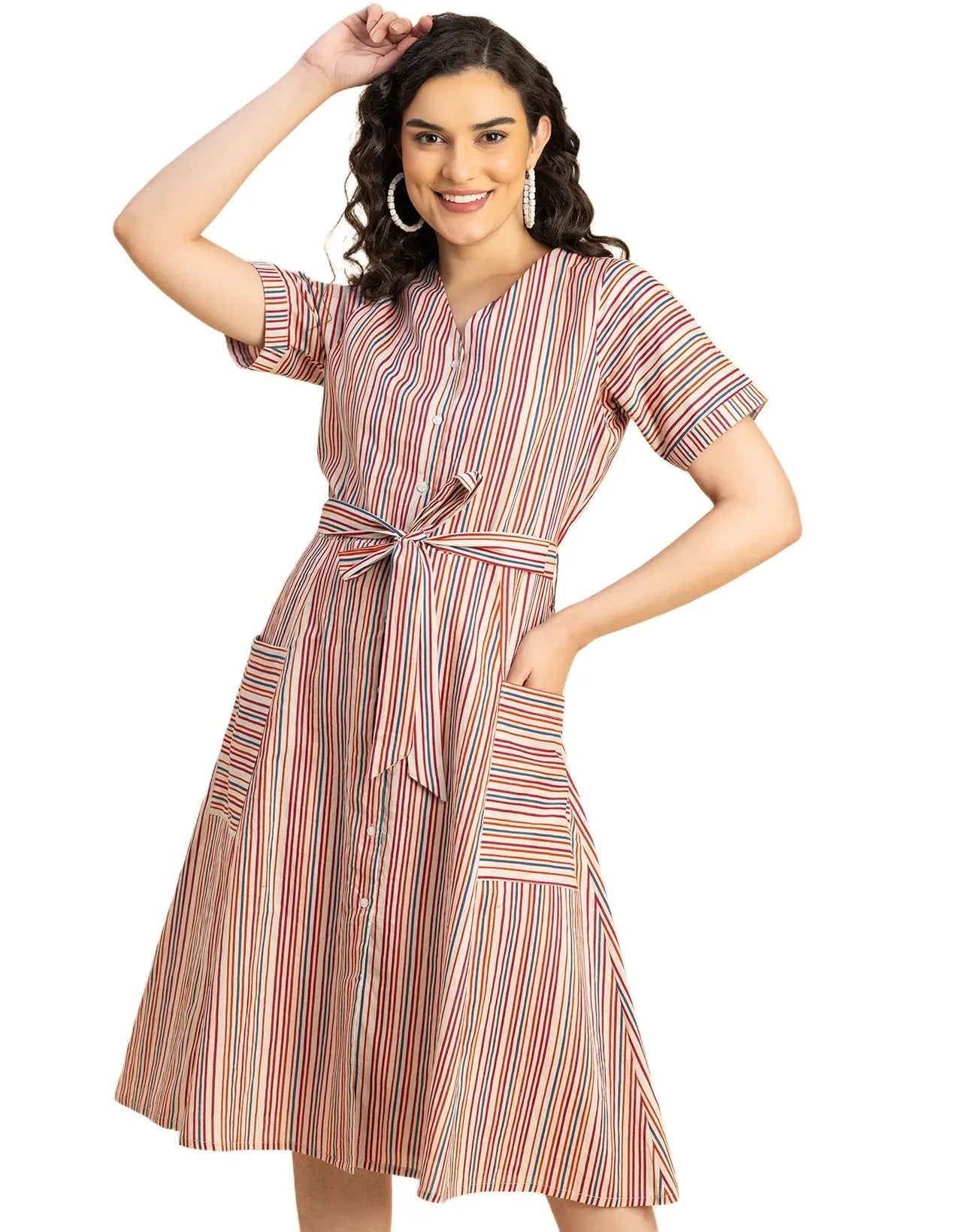 Short Sleeve V Neck A-Line Cotton Dress