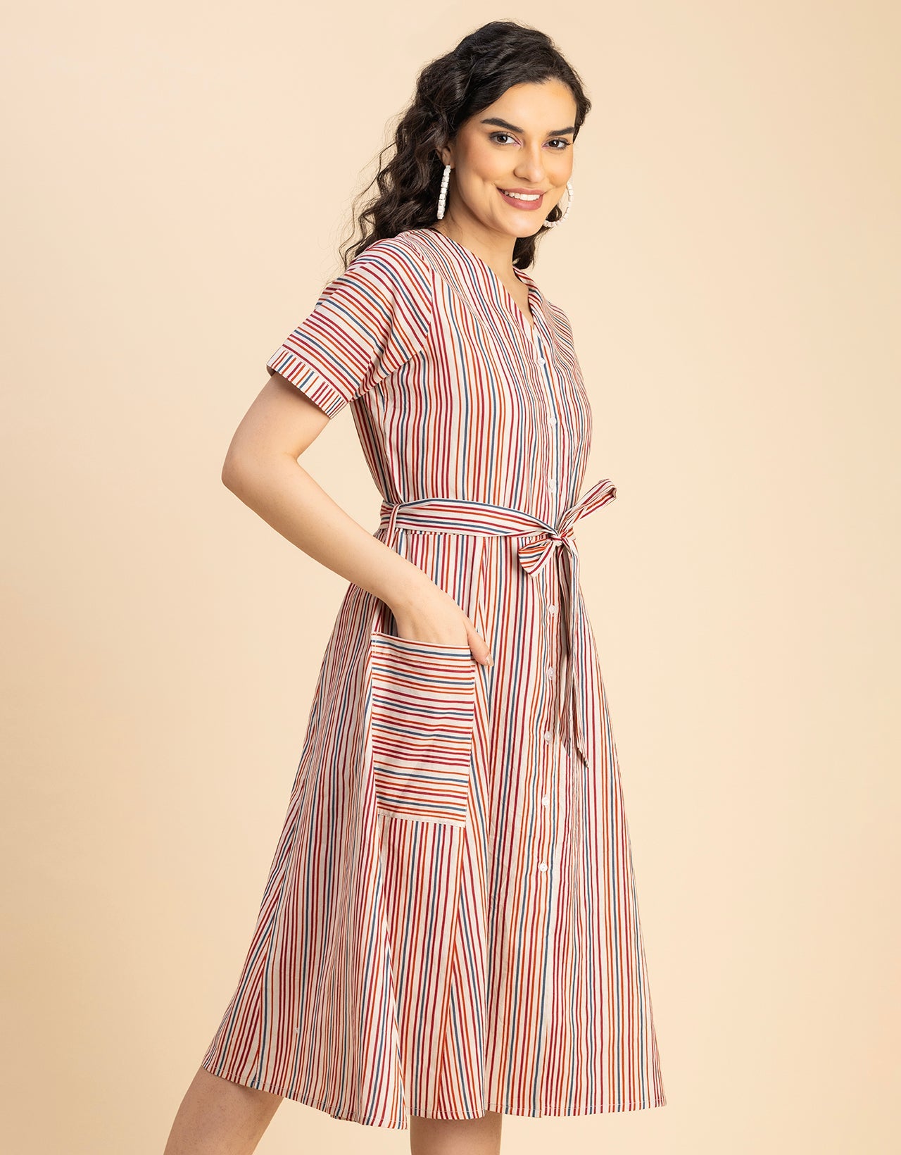 Short Sleeve V Neck A-Line Cotton Dress