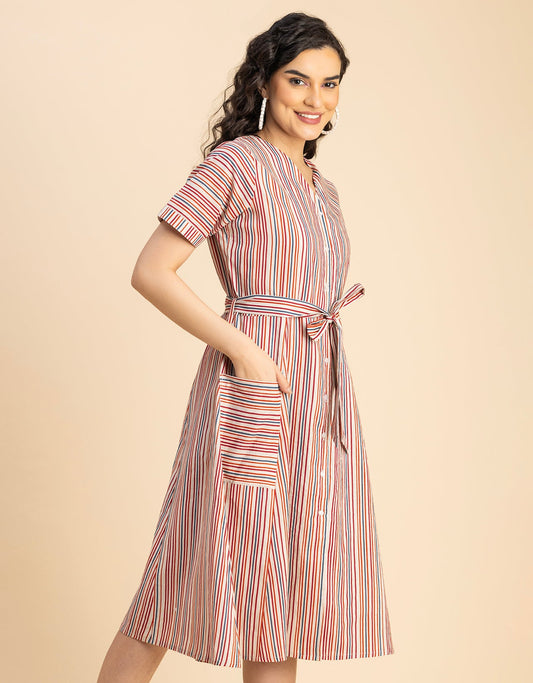 Short Sleeve V Neck A-Line Cotton Dress