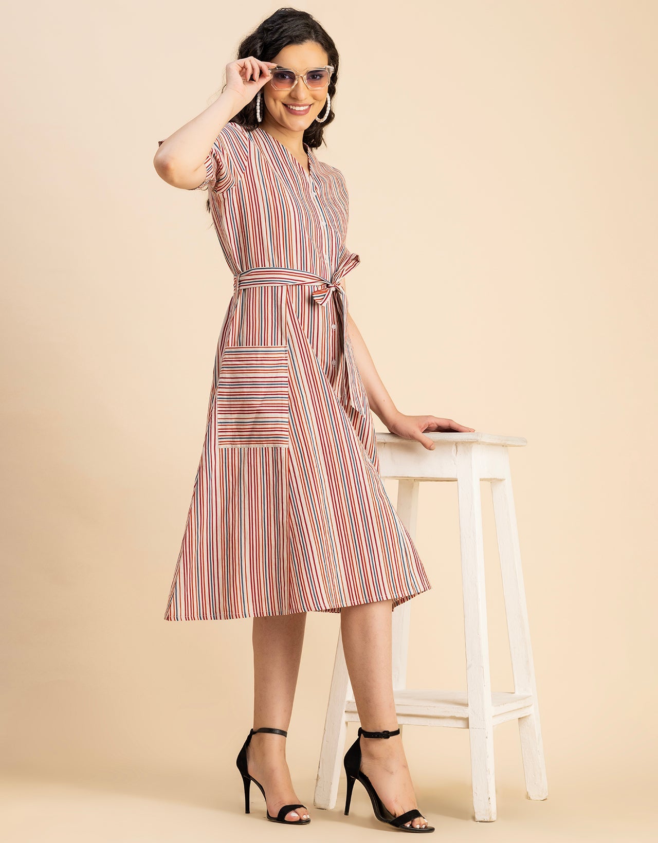 Short Sleeve V Neck A-Line Cotton Dress