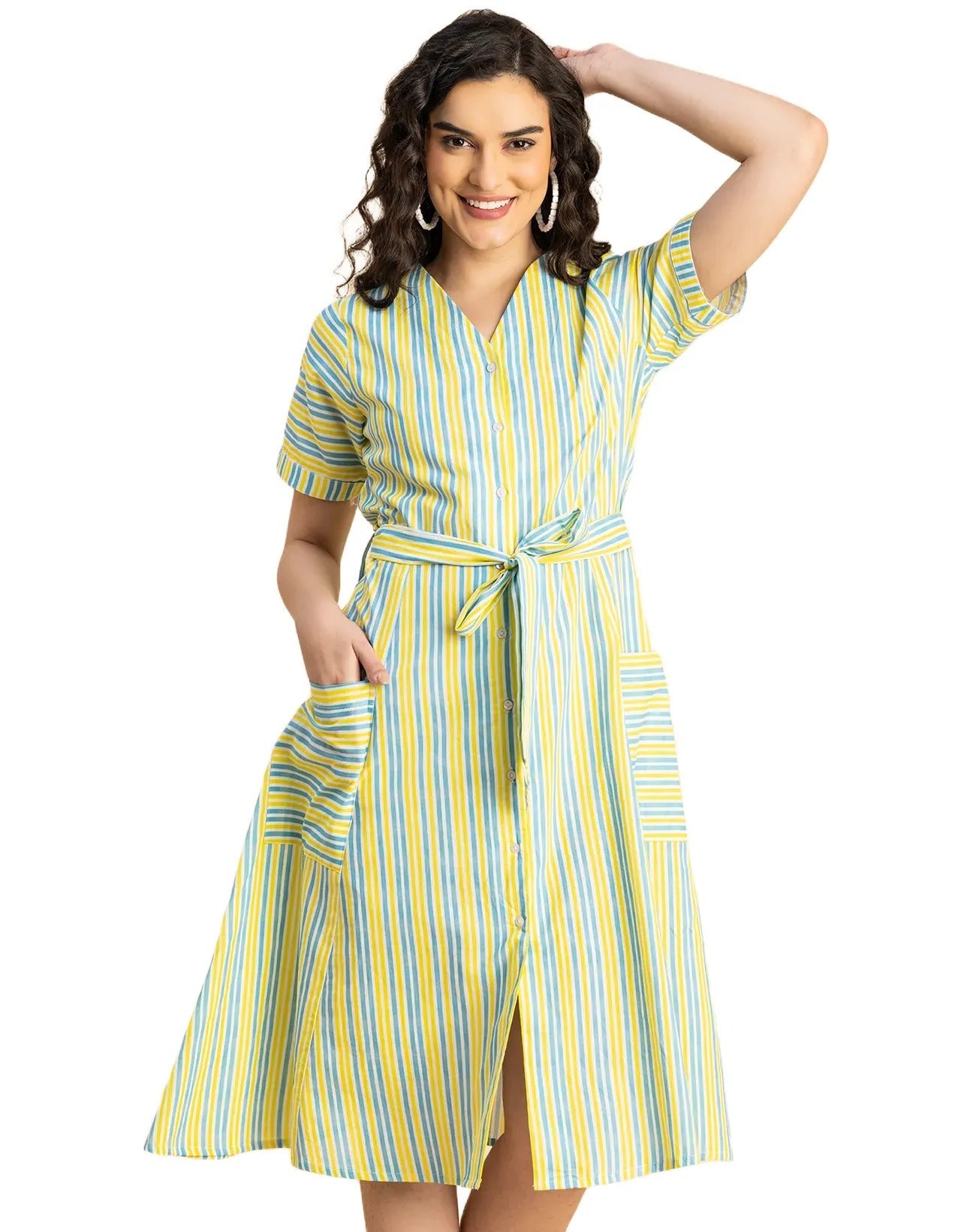 Short Sleeve V Neck A-Line Cotton Dress