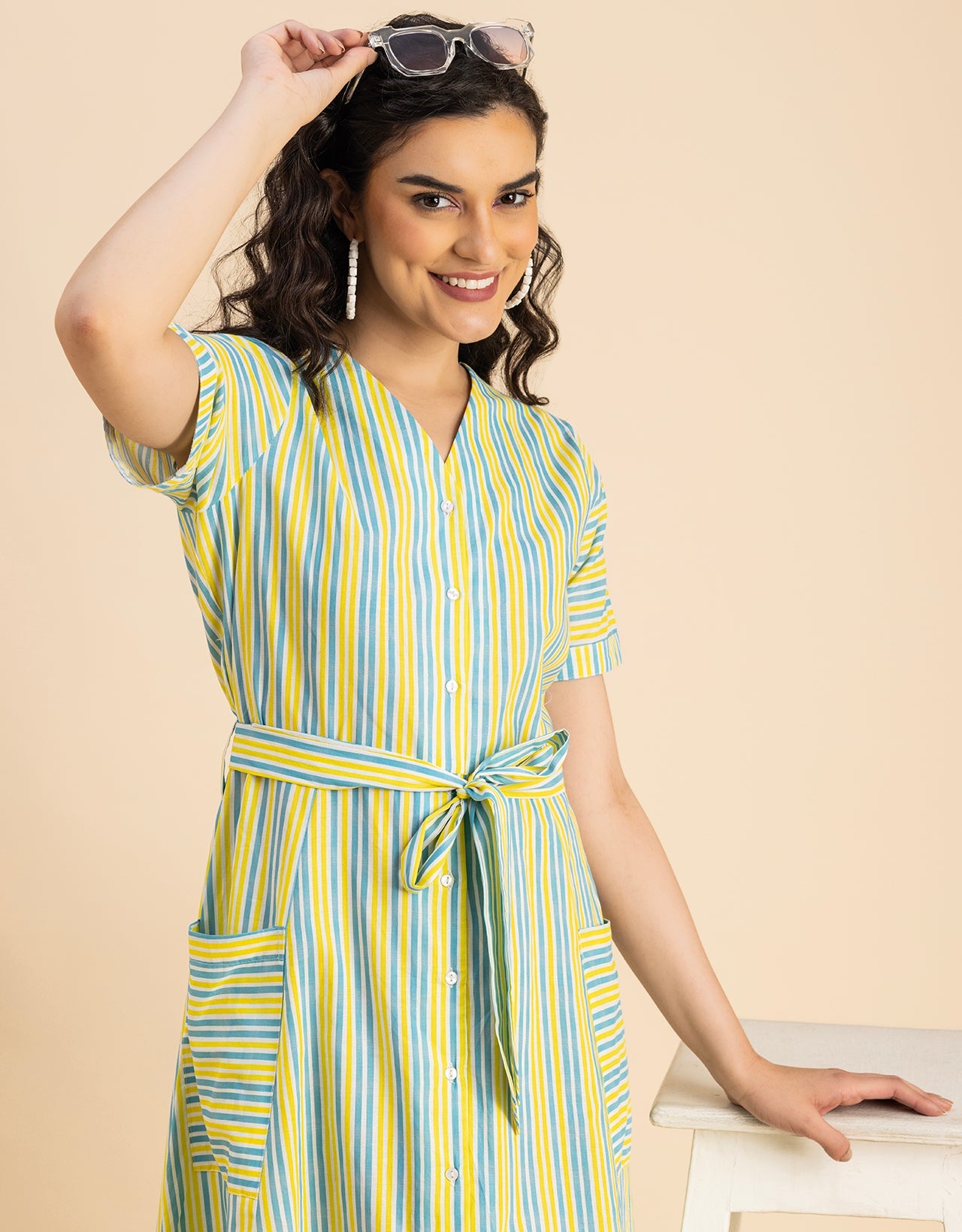 Short Sleeve V Neck A-Line Cotton Dress