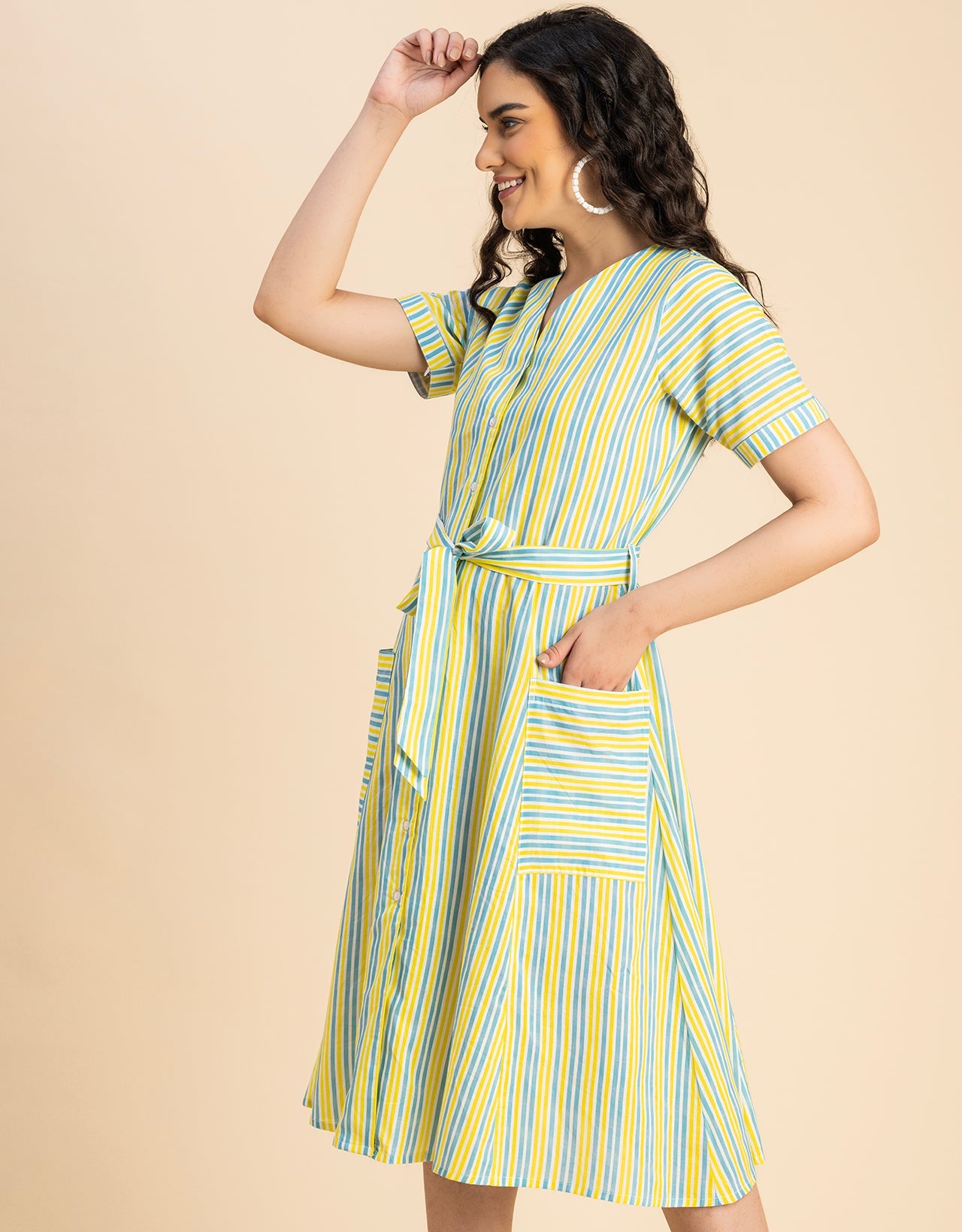 Short Sleeve V Neck A-Line Cotton Dress