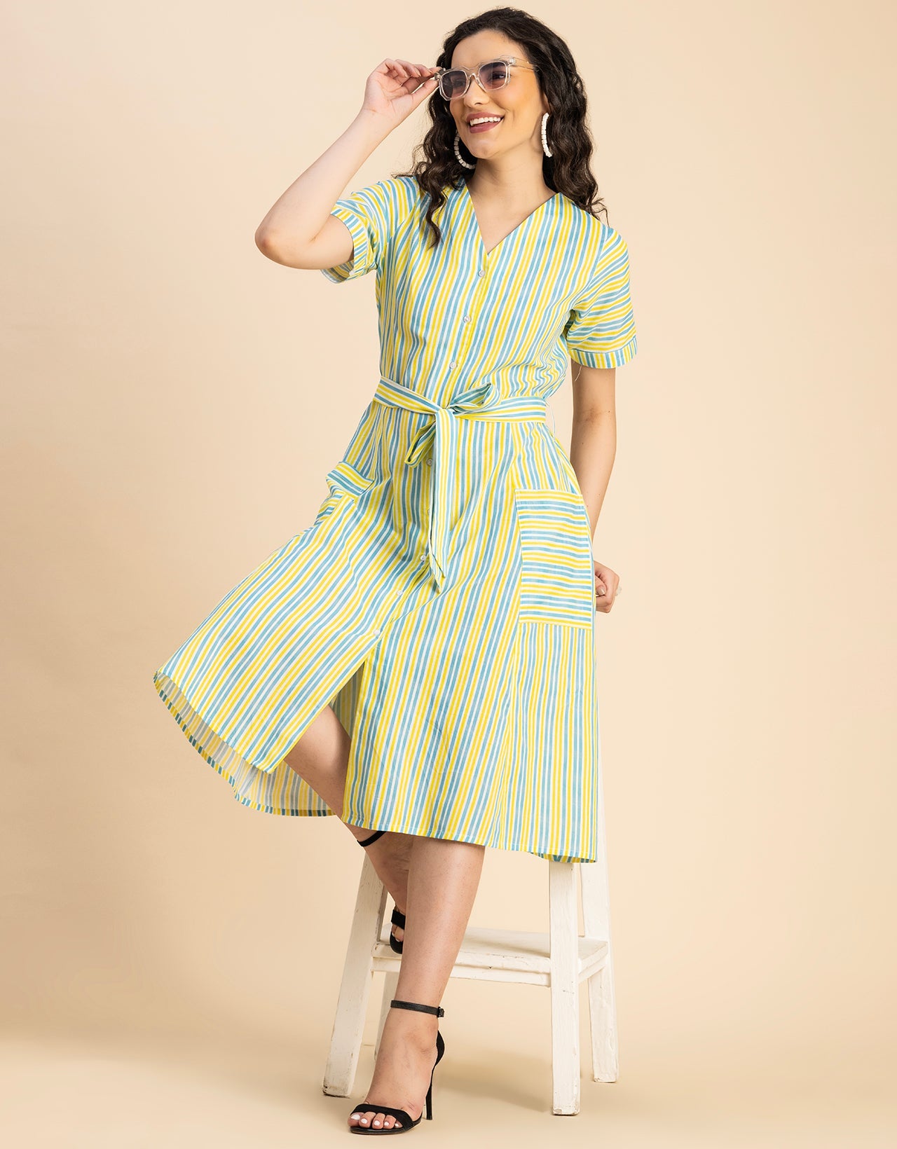 Short Sleeve V Neck A-Line Cotton Dress