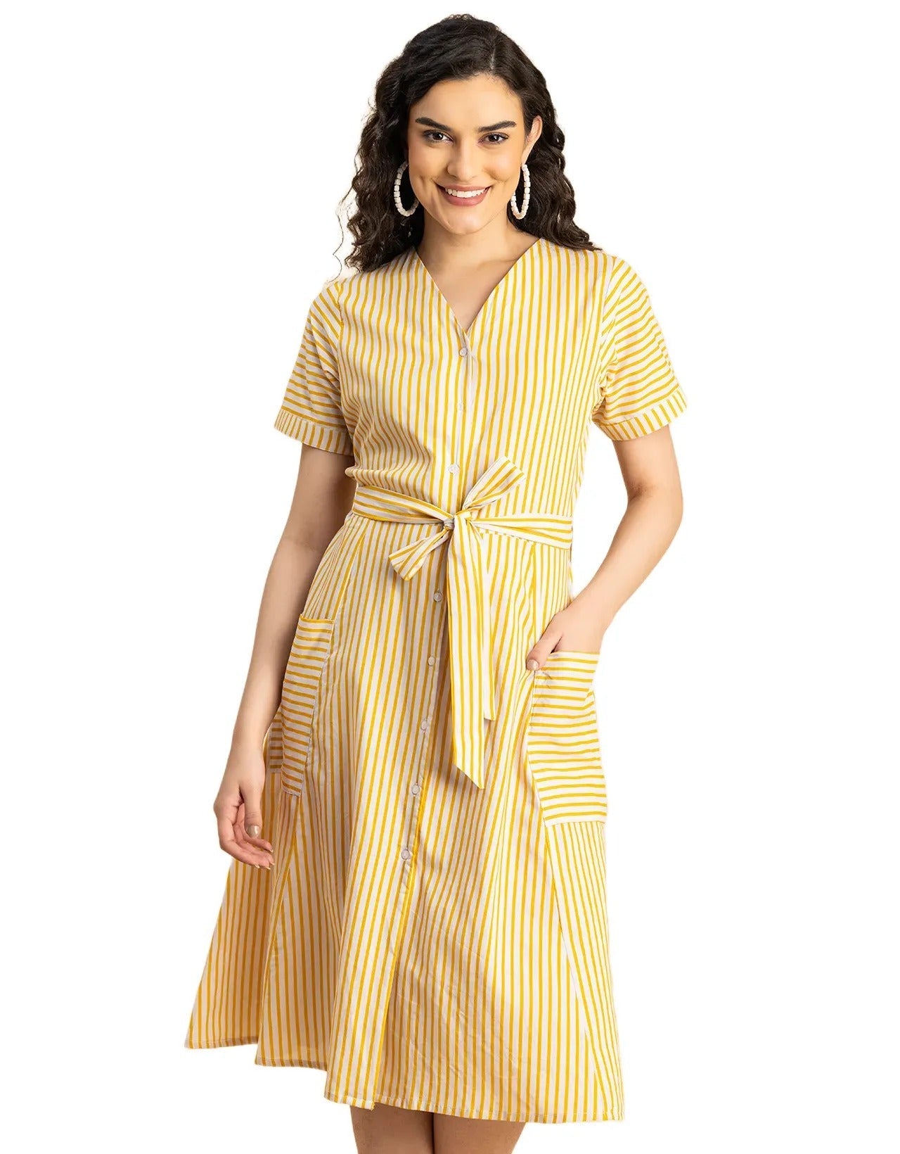 Short Sleeve V Neck A-Line Cotton Dress