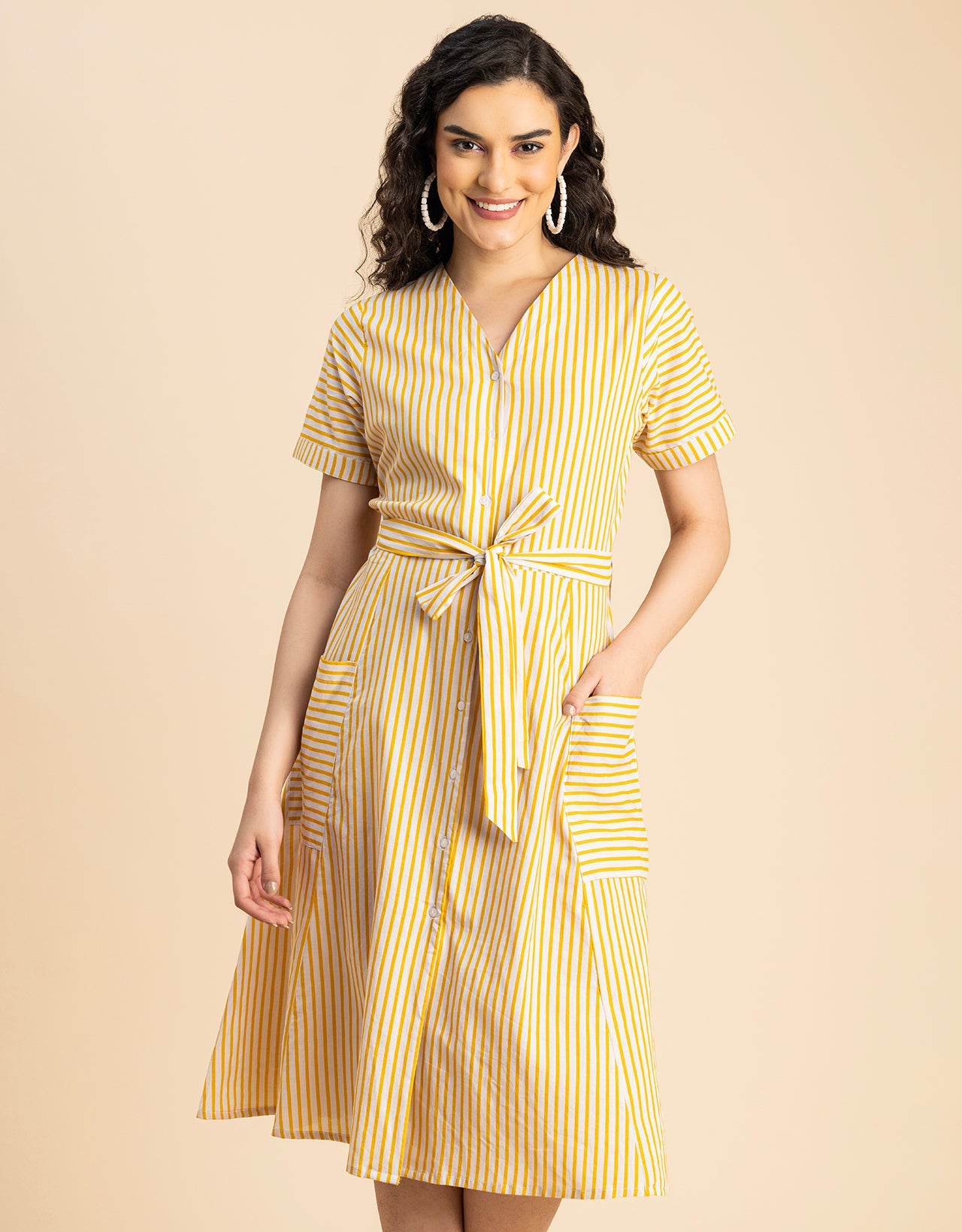 Short Sleeve V Neck A-Line Cotton Dress