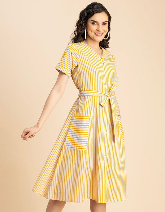 Short Sleeve V Neck A-Line Cotton Dress